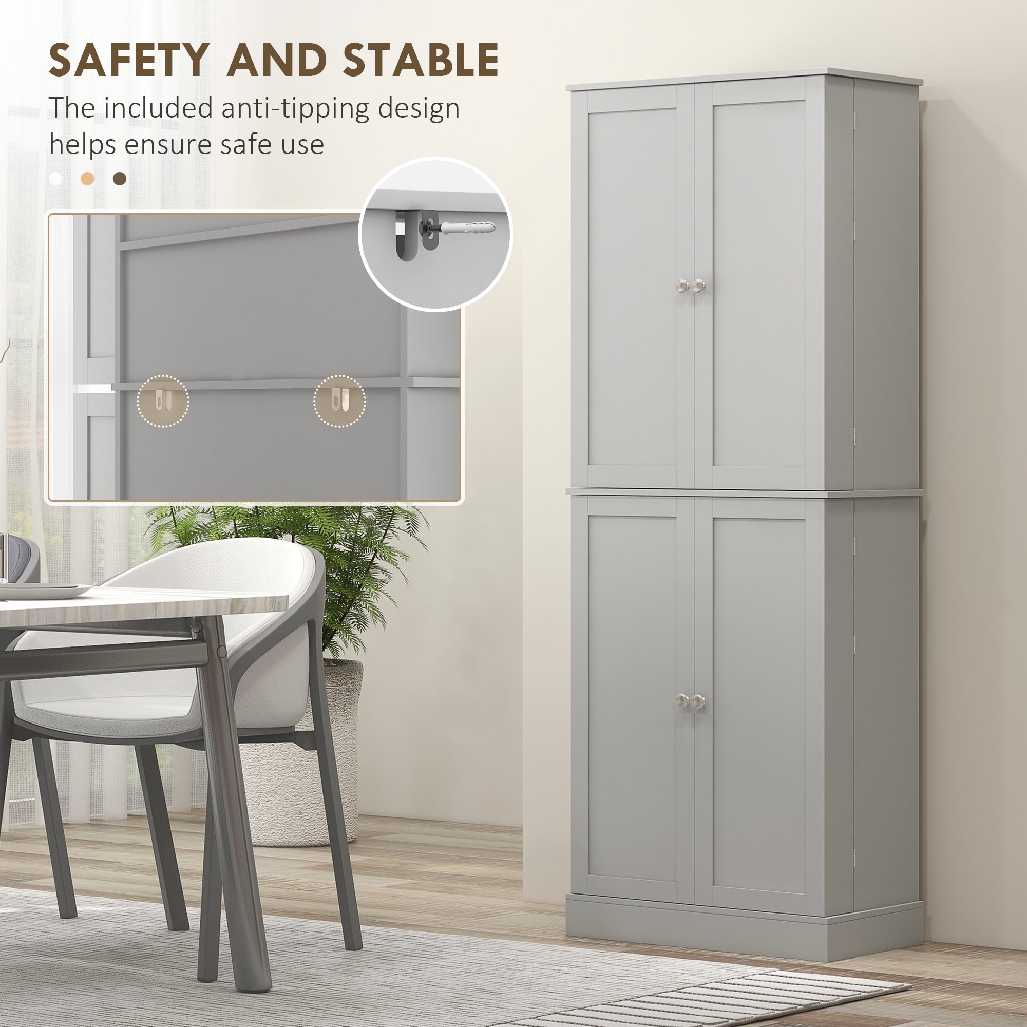 HOMCOM 65" Kitchen Pantry Cabinet, Modern Storage Cabinet with Doors and Shelves, Freestanding Cupboard for Dining Room, Gray