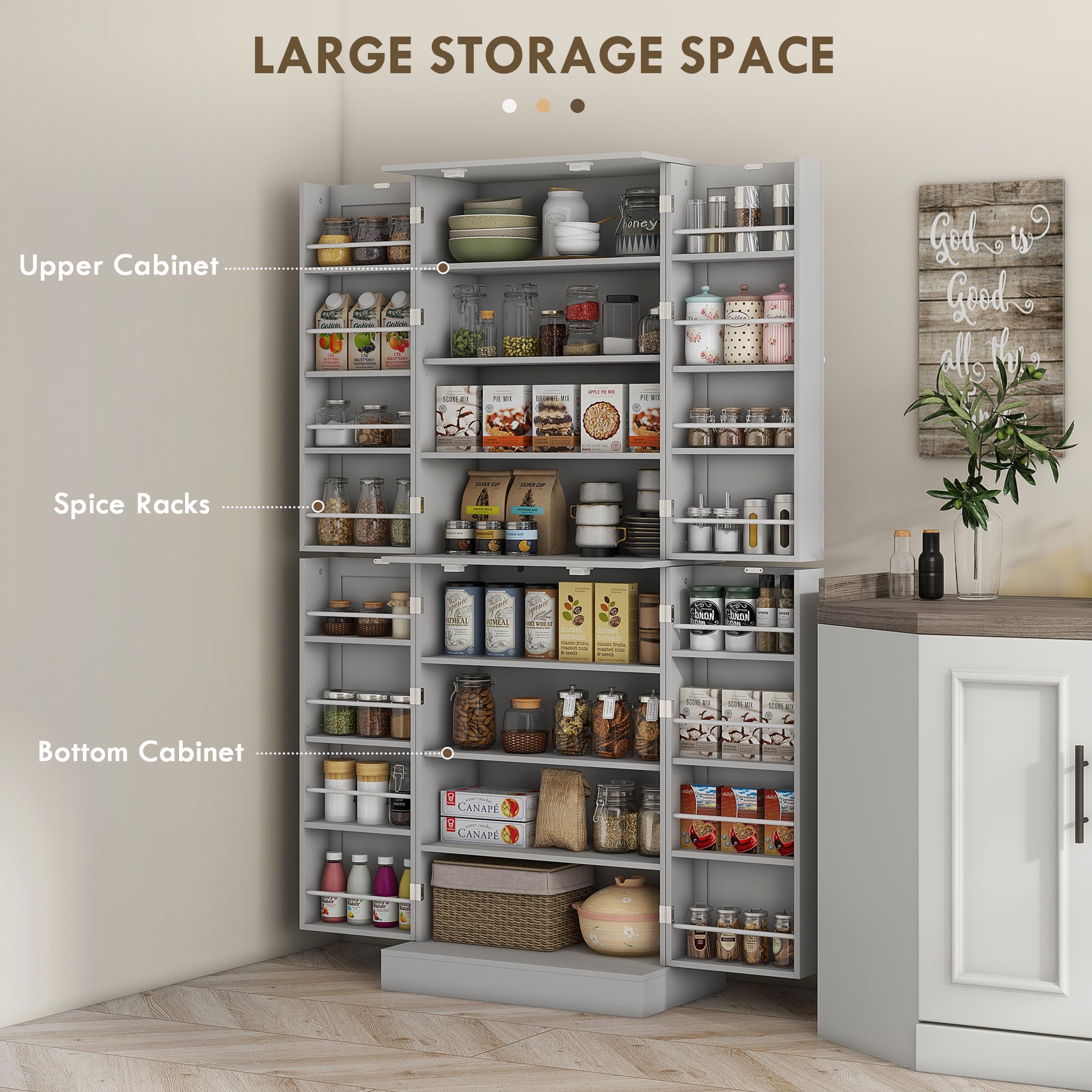 HOMCOM 65" Kitchen Pantry Cabinet, Modern Storage Cabinet with Doors and Shelves, Freestanding Cupboard for Dining Room, Gray