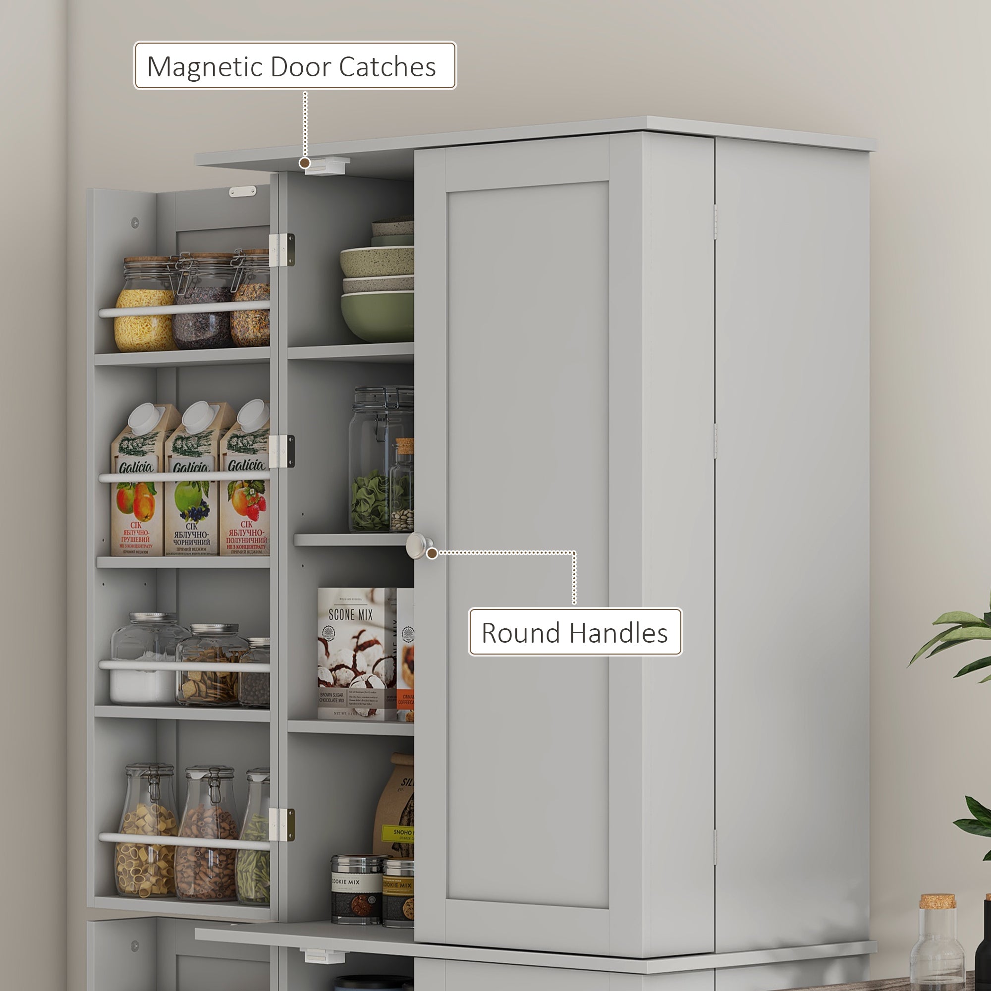 HOMCOM 65" Kitchen Pantry Cabinet, Modern Storage Cabinet with Doors and Shelves, Freestanding Cupboard for Dining Room, Gray
