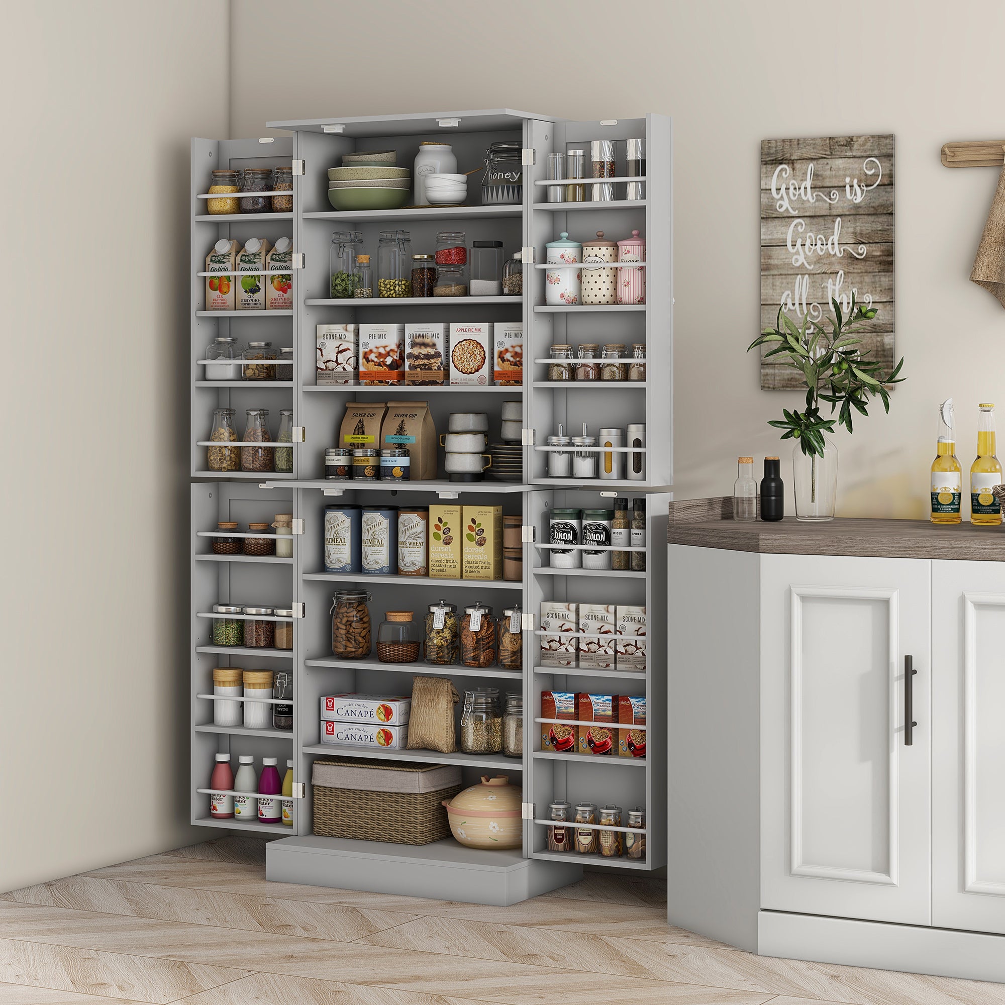HOMCOM 65" Kitchen Pantry Cabinet, Modern Storage Cabinet with Doors and Shelves, Freestanding Cupboard for Dining Room, Gray
