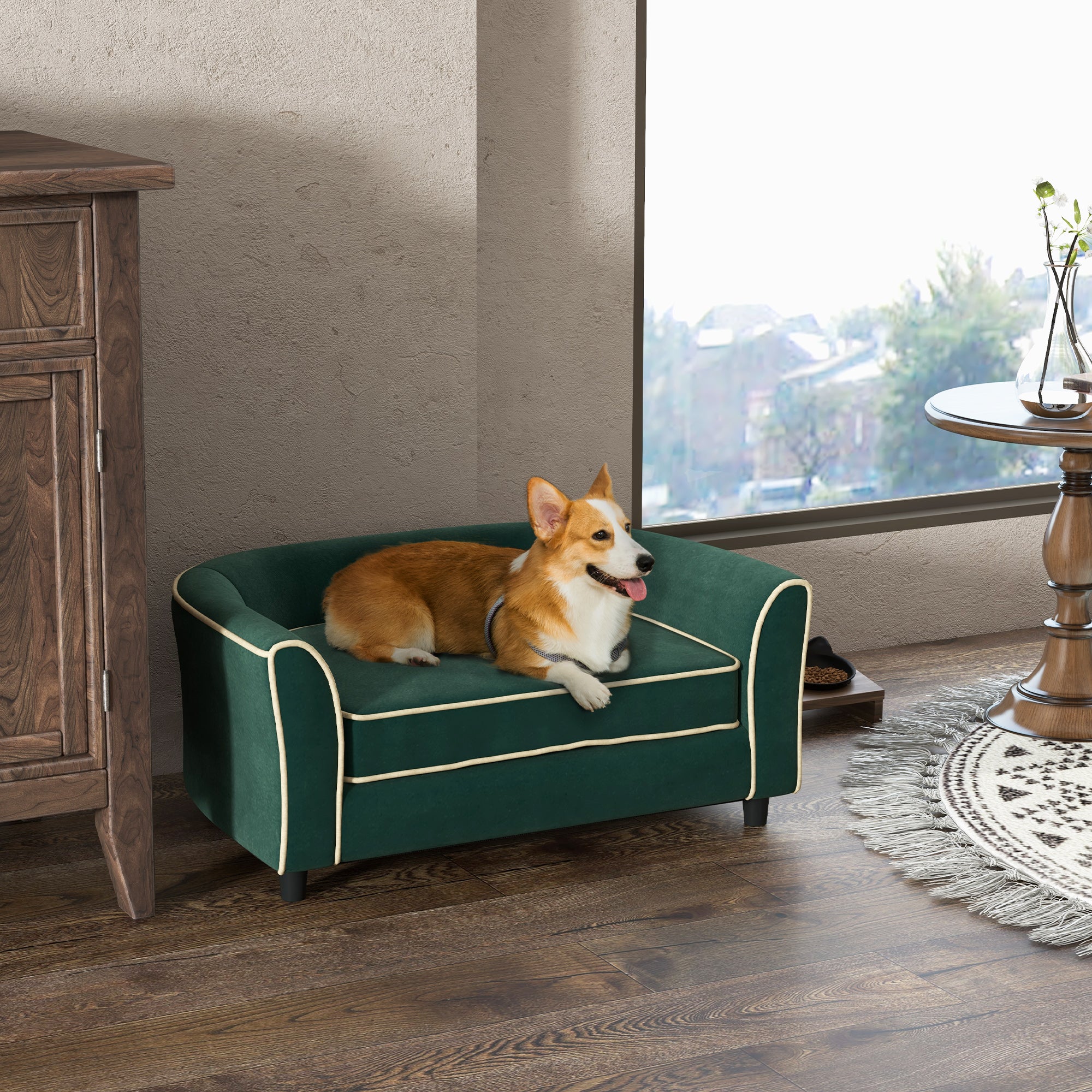 PawHut Dog Couch Fancy Pet Bed Modern Dog Sofa for Small and Medium Dogs Cats, with Soft Cushion, Washable and Removable Cover, Dark Green