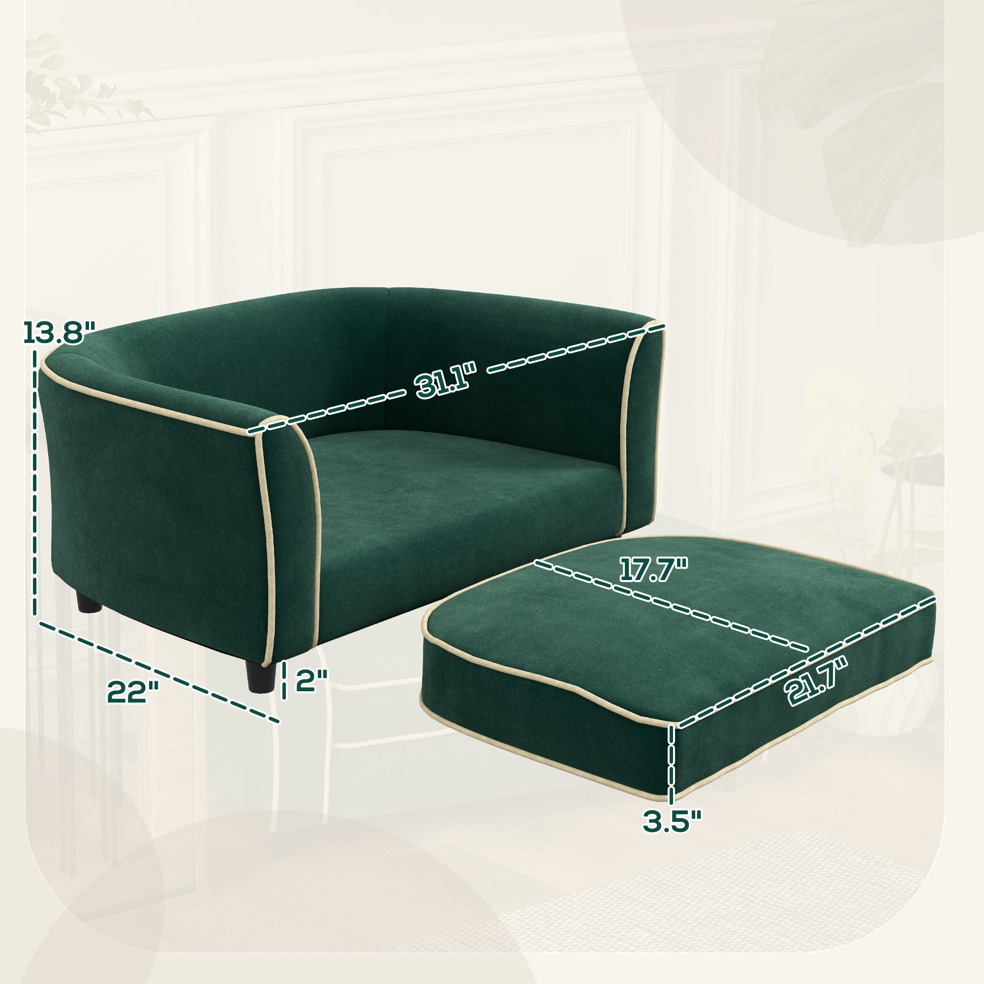 PawHut Dog Couch Fancy Pet Bed Modern Dog Sofa for Small and Medium Dogs Cats, with Soft Cushion, Washable and Removable Cover, Dark Green