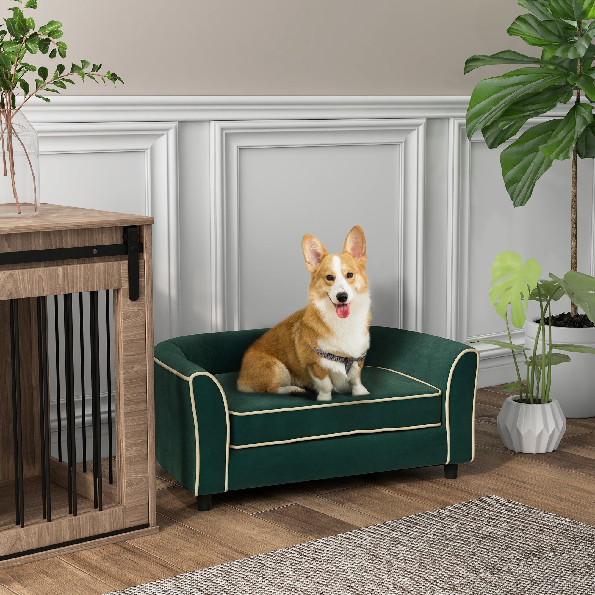 PawHut Dog Couch Fancy Pet Bed Modern Dog Sofa for Small and Medium Dogs Cats, with Soft Cushion, Washable and Removable Cover, Dark Green