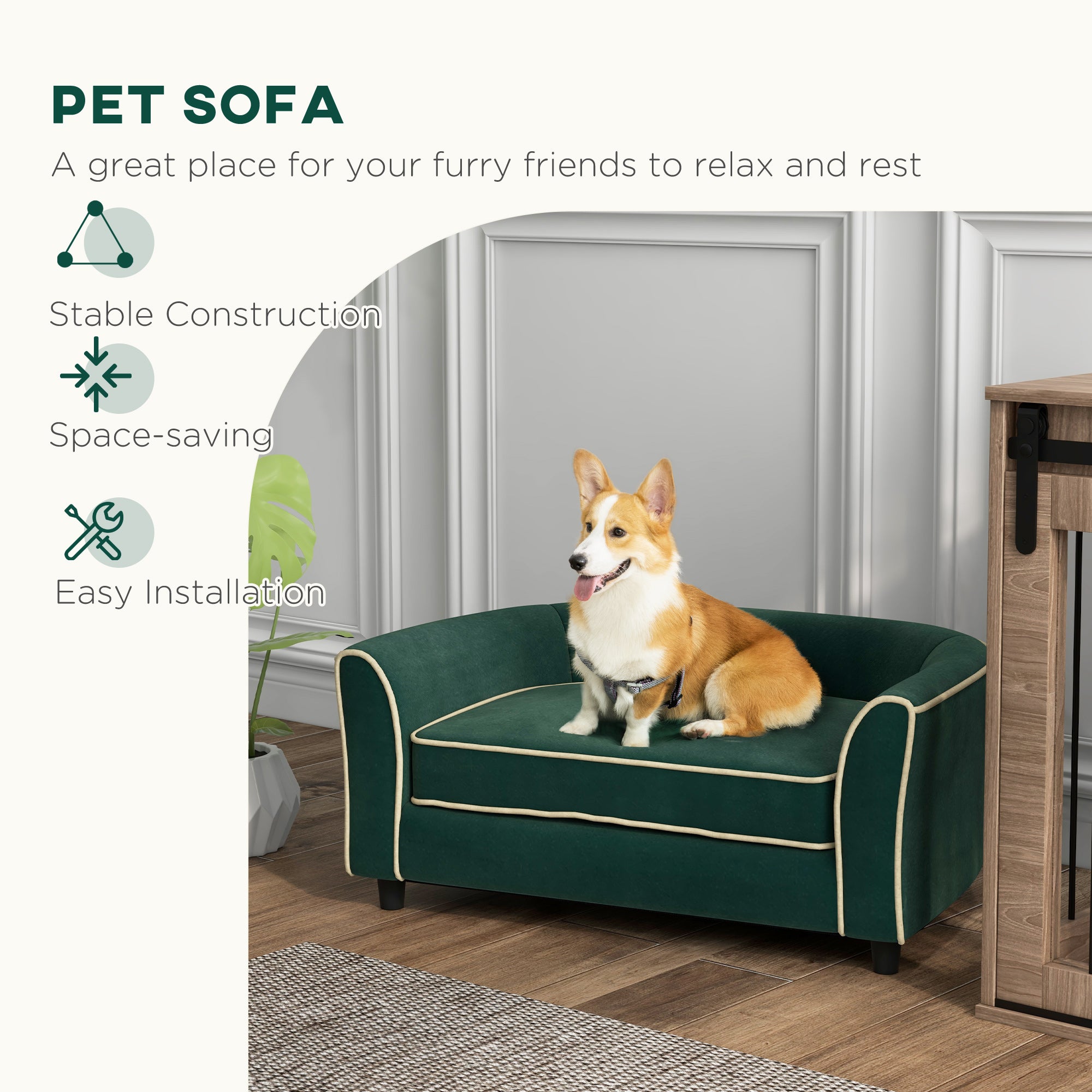 PawHut Dog Couch Fancy Pet Bed Modern Dog Sofa for Small and Medium Dogs Cats, with Soft Cushion, Washable and Removable Cover, Dark Green