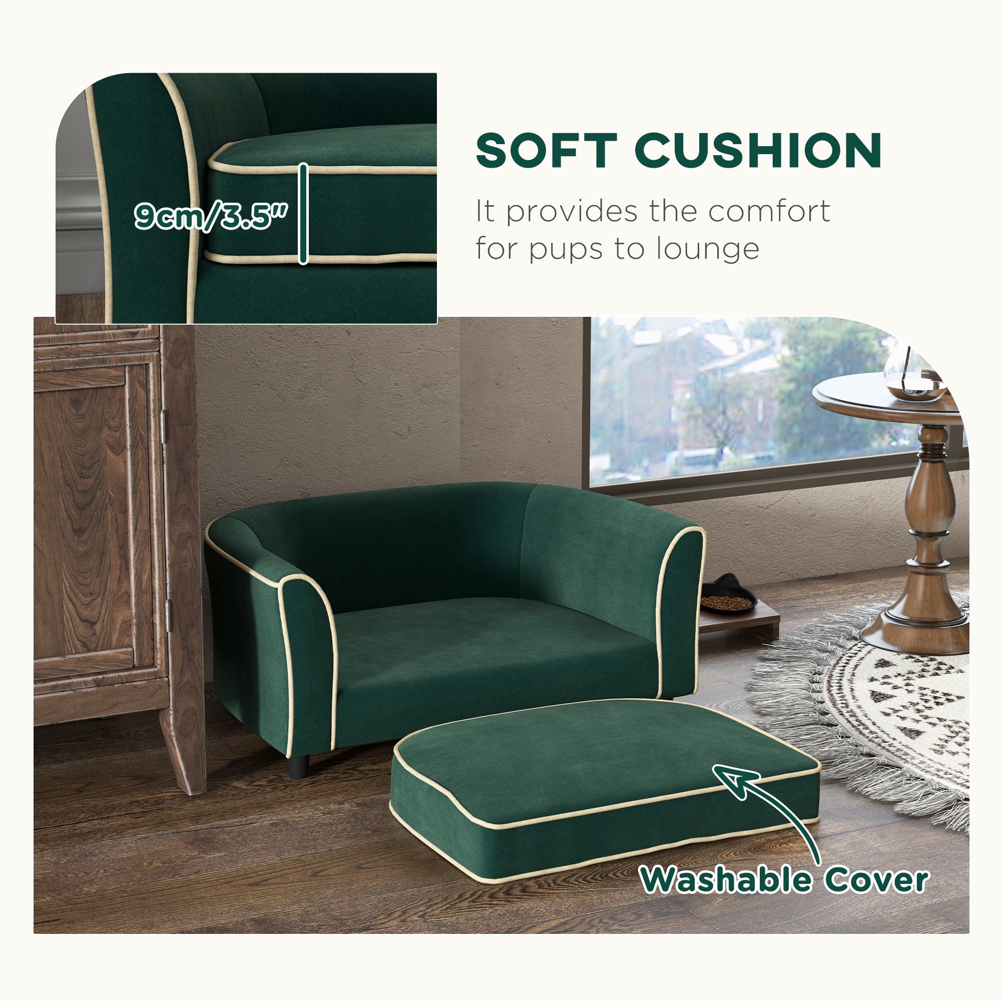 PawHut Dog Couch Fancy Pet Bed Modern Dog Sofa for Small and Medium Dogs Cats, with Soft Cushion, Washable and Removable Cover, Dark Green