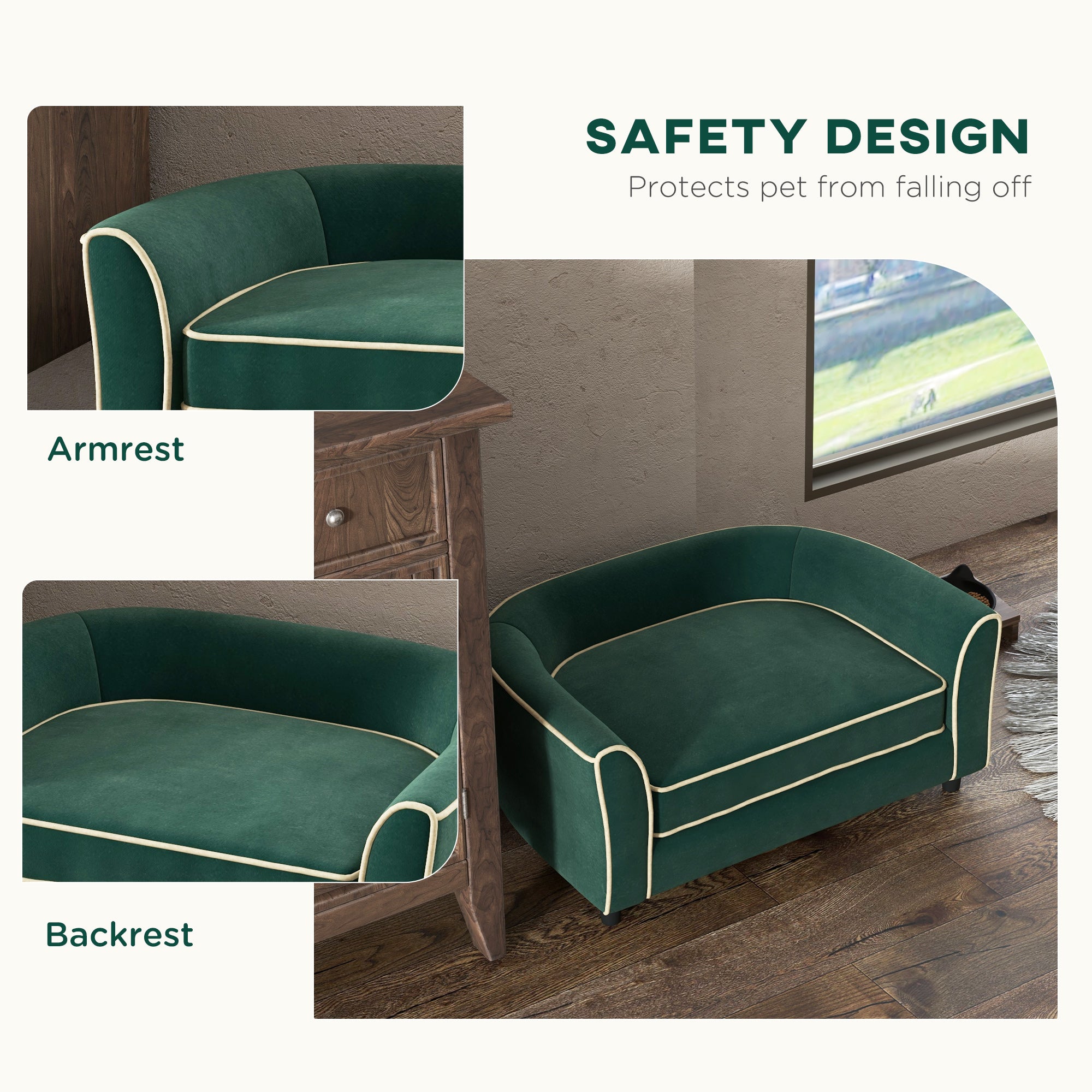PawHut Dog Couch Fancy Pet Bed Modern Dog Sofa for Small and Medium Dogs Cats, with Soft Cushion, Washable and Removable Cover, Dark Green