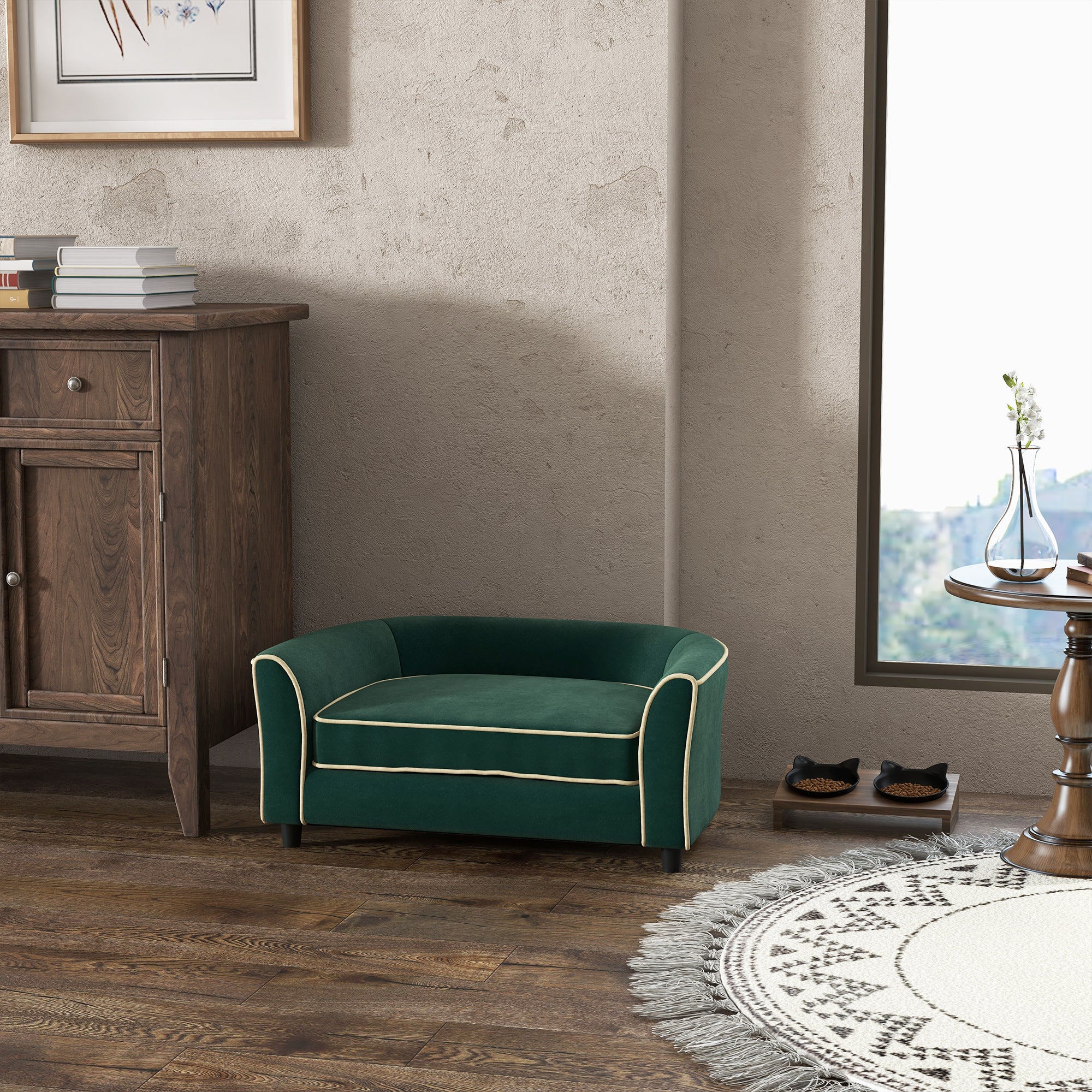 PawHut Dog Couch Fancy Pet Bed Modern Dog Sofa for Small and Medium Dogs Cats, with Soft Cushion, Washable and Removable Cover, Dark Green