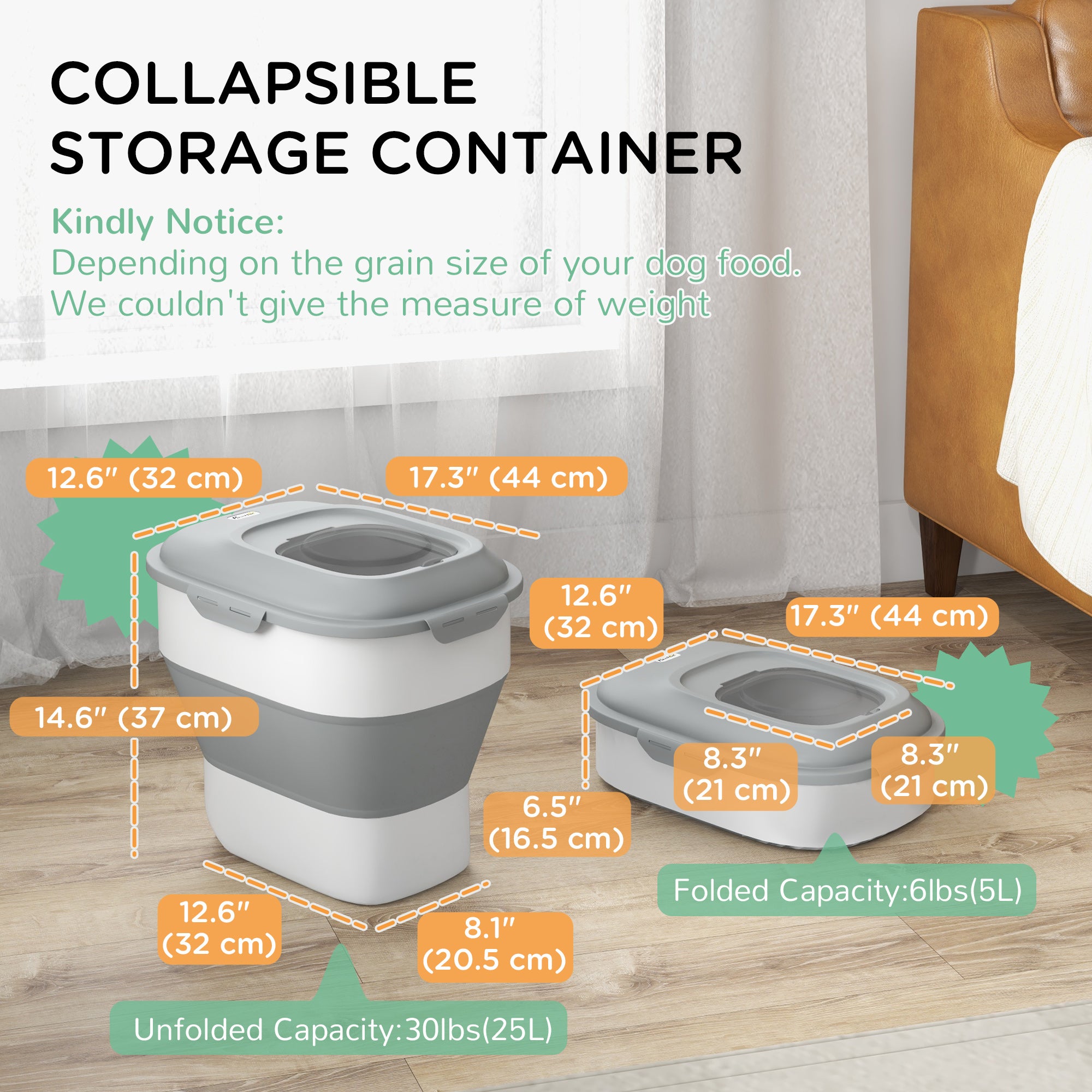 PawHut Dog Food Storage Container, 6-30lb Collapsible Foldable Pet Cat Dog Food Storage Bin with Airtight Lids, Rolling Wheels, Cup, Bowl, Spoon