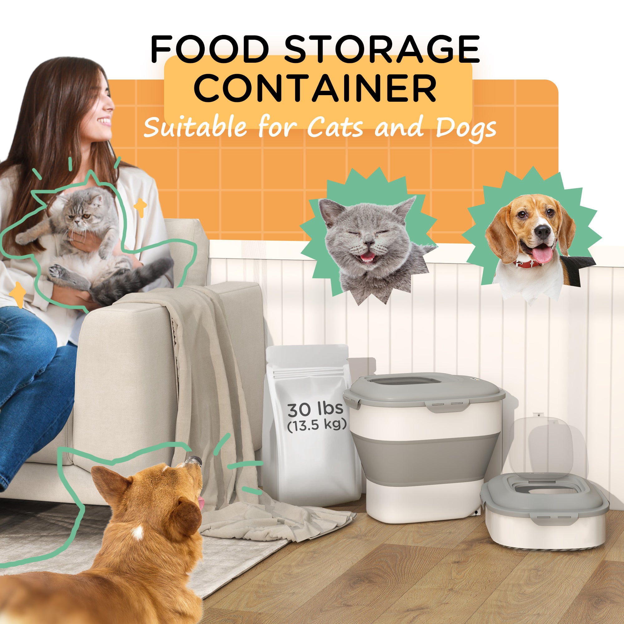 PawHut Dog Food Storage Container, 6-30lb Collapsible Foldable Pet Cat Dog Food Storage Bin with Airtight Lids, Rolling Wheels, Cup, Bowl, Spoon
