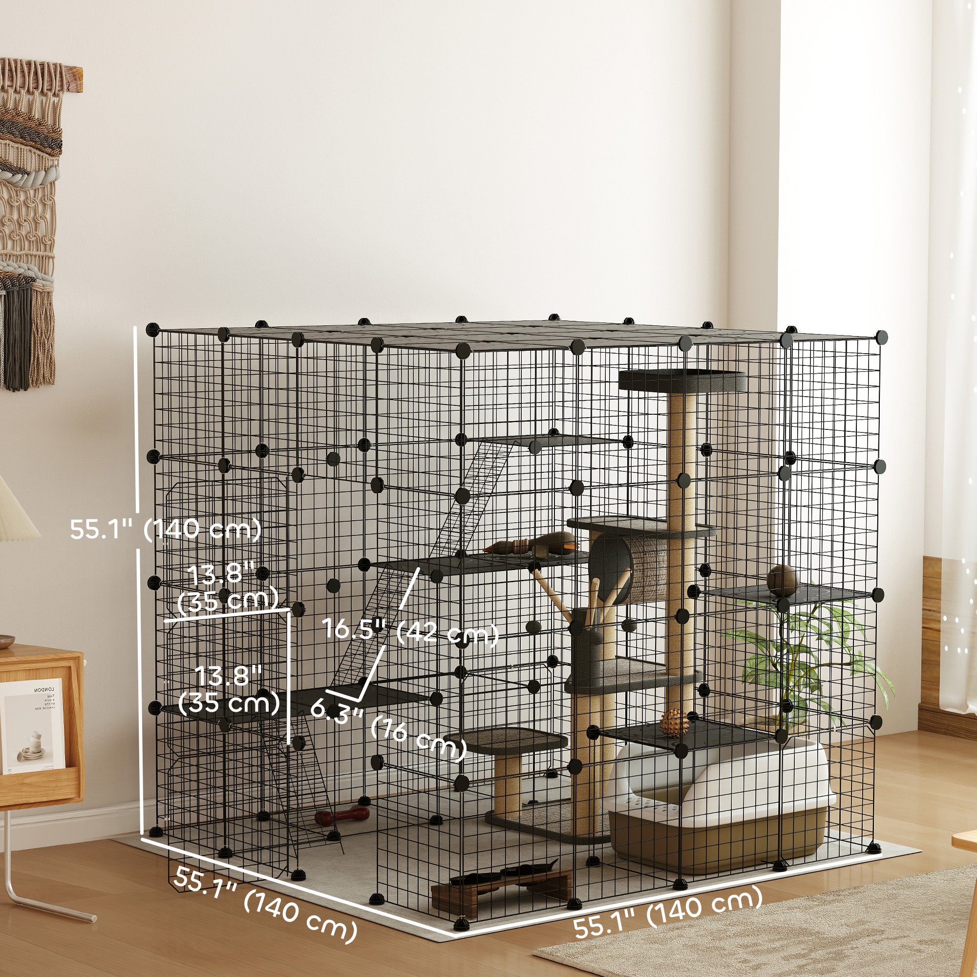 PawHut DIY Large Cat Cage Indoor, Catio Pet Playpen with Platforms, Ramps, Kitten Exercise Place for 1-3 Cats, Bunnies, 55 x 55 x 55in, 87 Panels, Black
