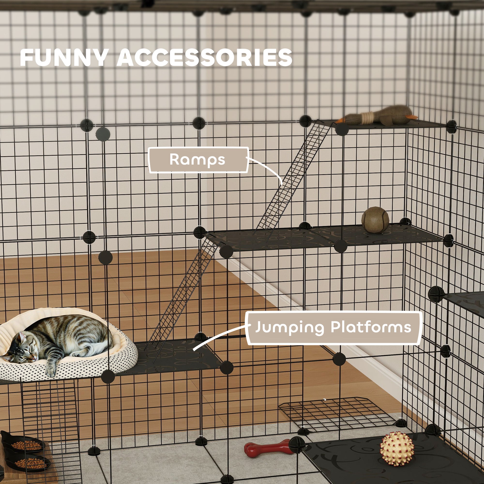 PawHut DIY Large Cat Cage Indoor, Catio Pet Playpen with Platforms, Ramps, Kitten Exercise Place for 1-3 Cats, Bunnies, 55 x 55 x 55in, 87 Panels, Black