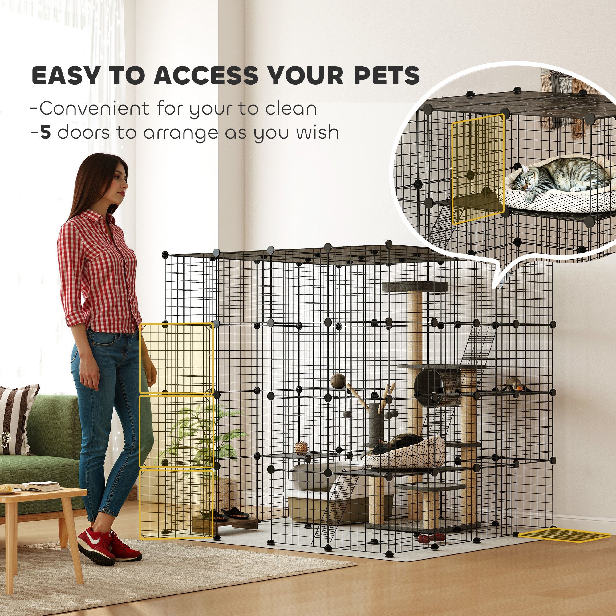 PawHut DIY Large Cat Cage Indoor, Catio Pet Playpen with Platforms, Ramps, Kitten Exercise Place for 1-3 Cats, Bunnies, 55 x 55 x 55in, 87 Panels, Black