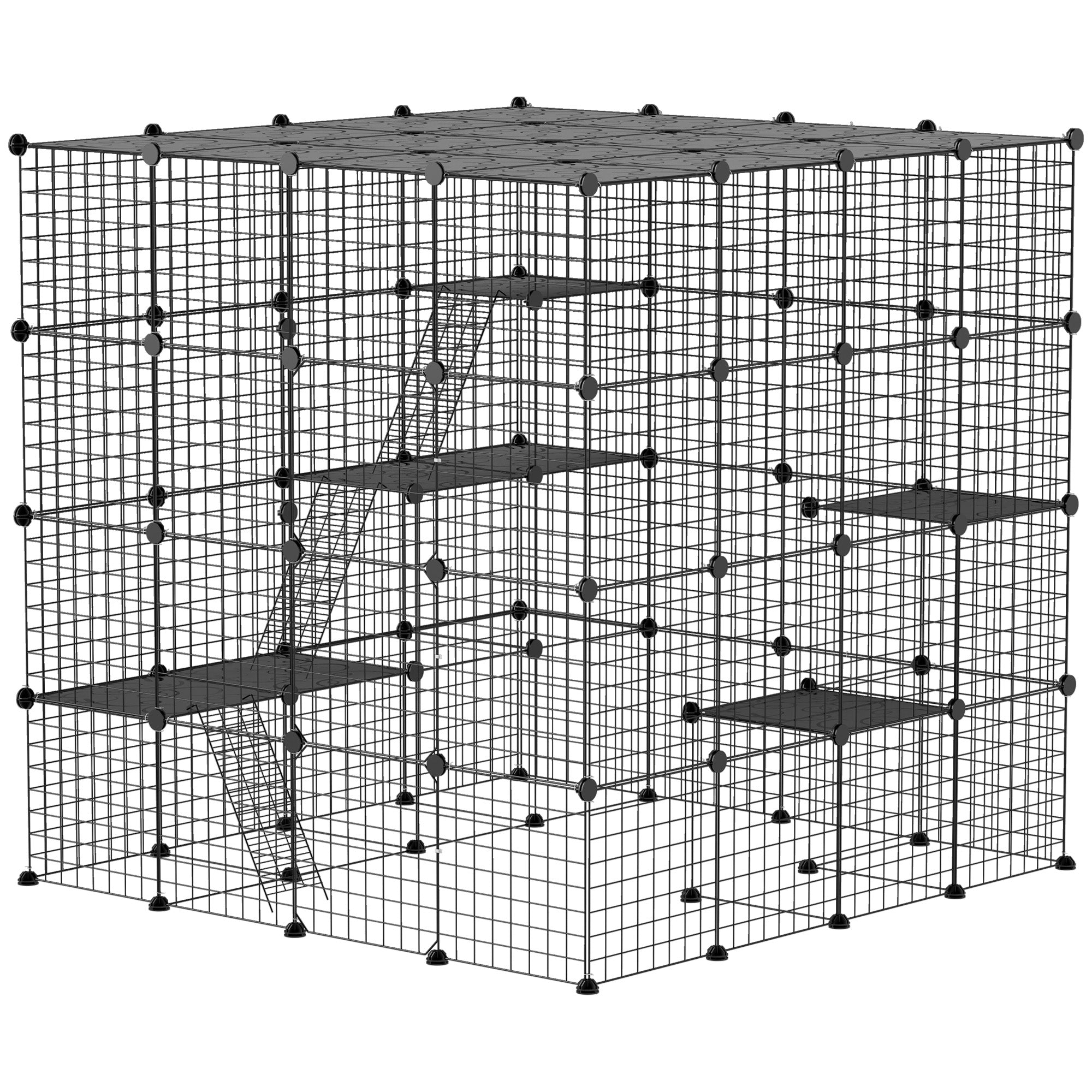 PawHut DIY Large Cat Cage Indoor, Catio Pet Playpen with Platforms, Ramps, Kitten Exercise Place for 1-3 Cats, Bunnies, 55 x 55 x 55in, 87 Panels, Black
