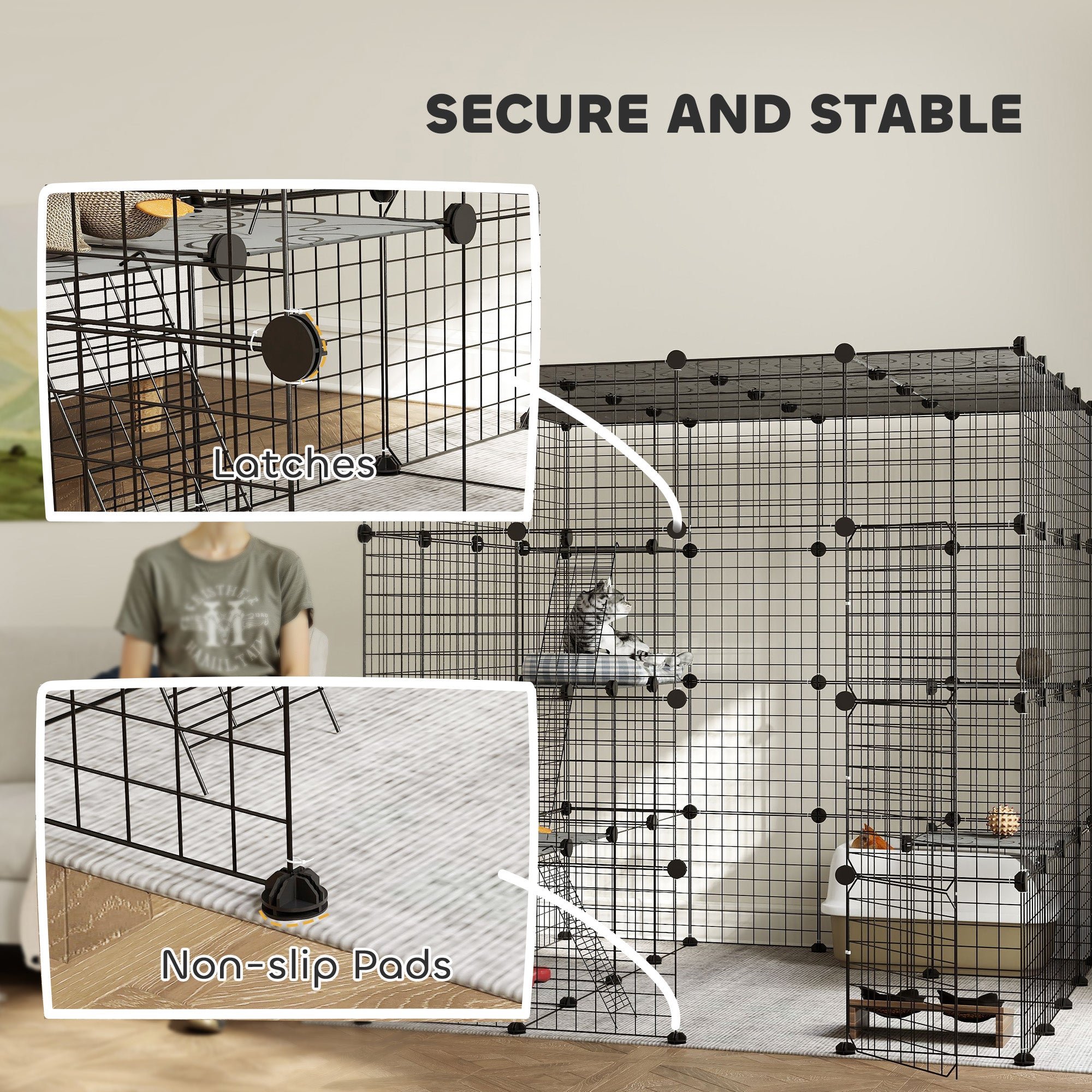 PawHut DIY Large Cat Cage Indoor, Catio Pet Playpen with Platforms, Ramps, Kitten Exercise Place for 1-3 Cats, Bunnies, 55 x 55 x 55in, 87 Panels, Black