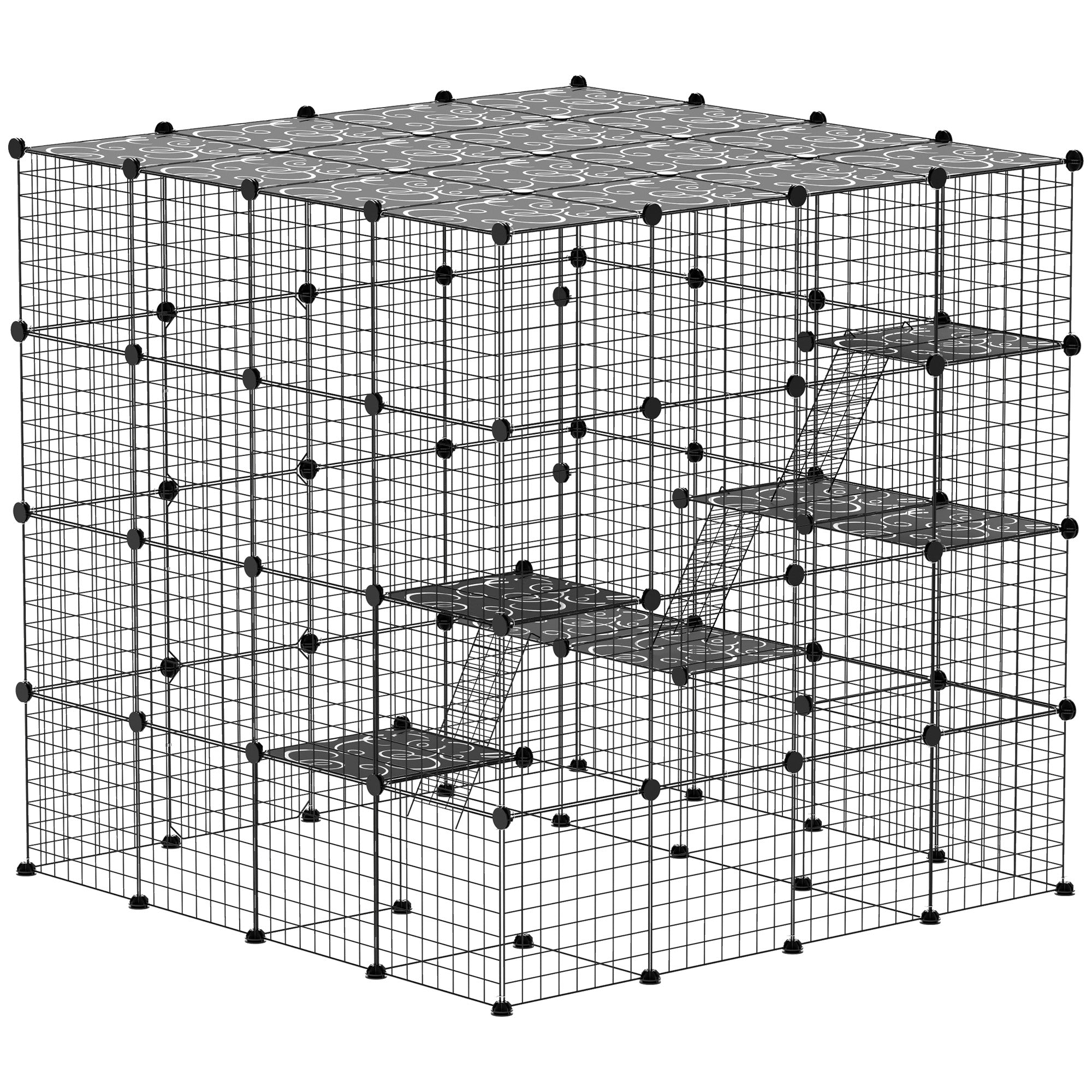PawHut DIY Large Cat Cage Indoor, Catio Pet Playpen with Platforms, Ramps, Kitten Exercise Place for 1-3 Cats, Bunnies, 55 x 55 x 55in, 87 Panels, Black