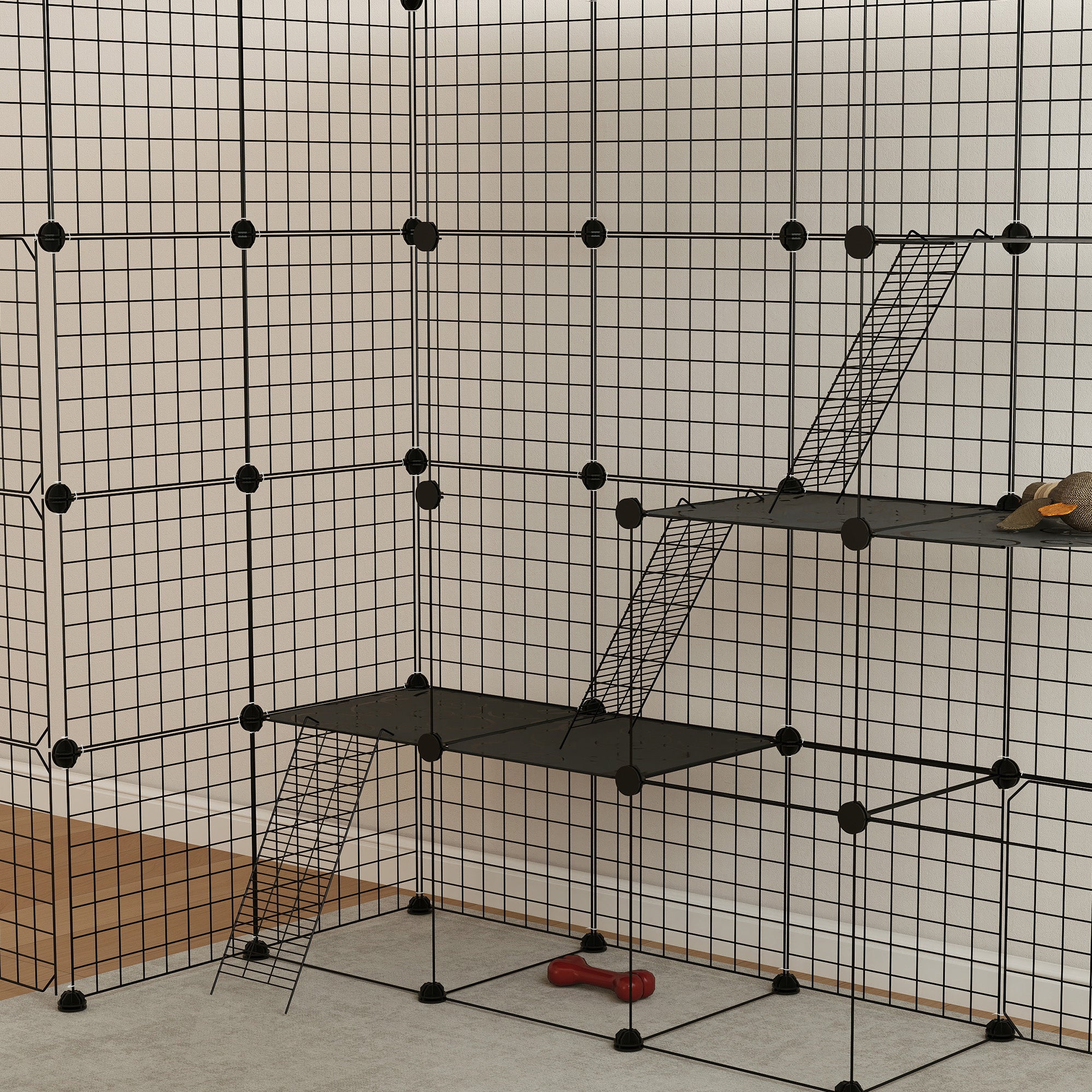 PawHut DIY Large Cat Cage Indoor, Catio Pet Playpen with Platforms, Ramps, Kitten Exercise Place for 1-3 Cats, Bunnies, 55 x 55 x 55in, 87 Panels, Black