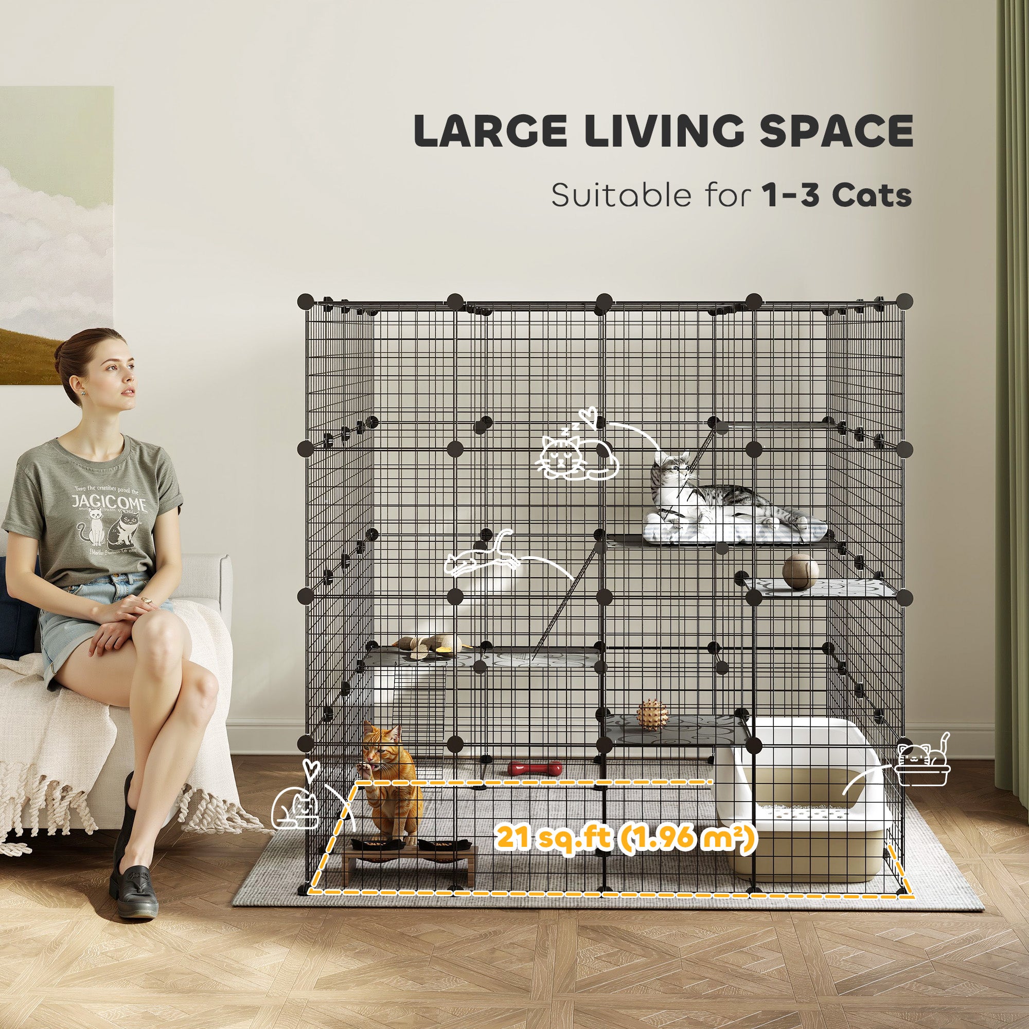 PawHut DIY Large Cat Cage Indoor, Catio Pet Playpen with Platforms, Ramps, Kitten Exercise Place for 1-3 Cats, Bunnies, 55 x 55 x 55in, 87 Panels, Black