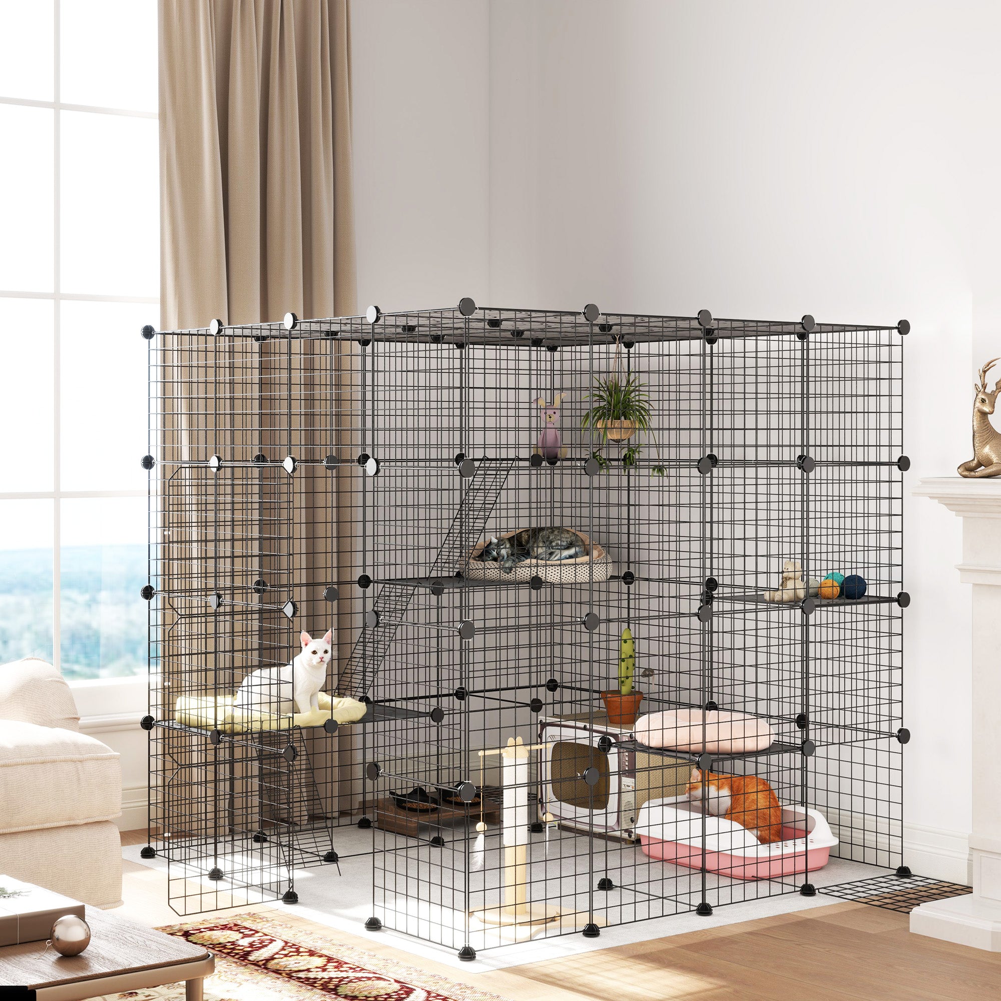 PawHut DIY Large Cat Cage Indoor, Catio Pet Playpen with Platforms, Ramps, Kitten Exercise Place for 1-3 Cats, Bunnies, 55 x 55 x 55in, 87 Panels, Black