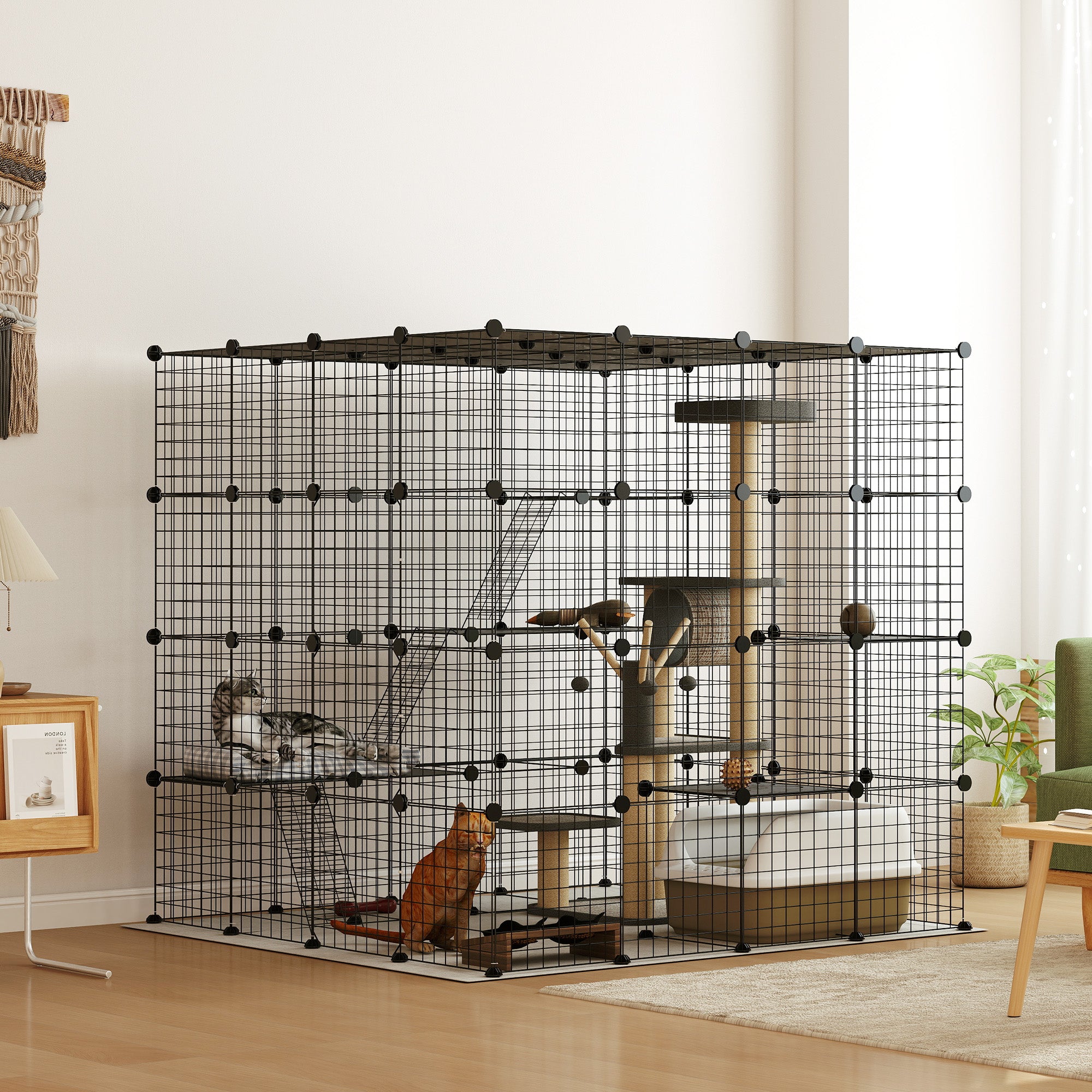 PawHut DIY Large Cat Cage Indoor, Catio Pet Playpen with Platforms, Ramps, Kitten Exercise Place for 1-3 Cats, Bunnies, 55 x 55 x 55in, 87 Panels, Black