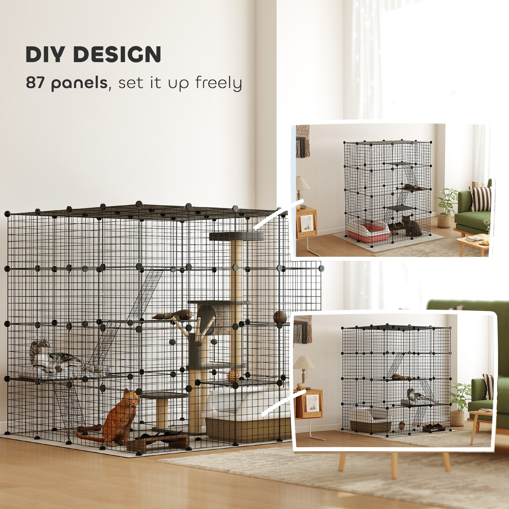 PawHut DIY Large Cat Cage Indoor, Catio Pet Playpen with Platforms, Ramps, Kitten Exercise Place for 1-3 Cats, Bunnies, 55 x 55 x 55in, 87 Panels, Black