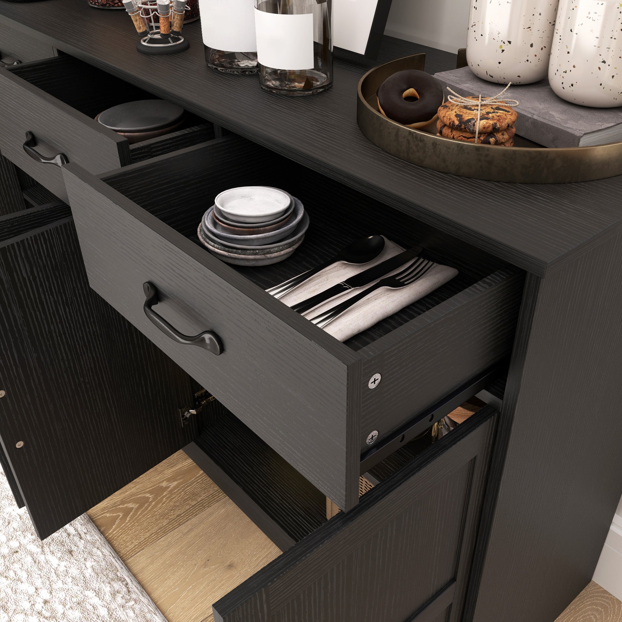 HOMCOM Sideboard Buffet Cabinet with Storage, Modern Coffee Bar Cabinet with 3 Drawers and Adjustable Shelves, Distressed Black