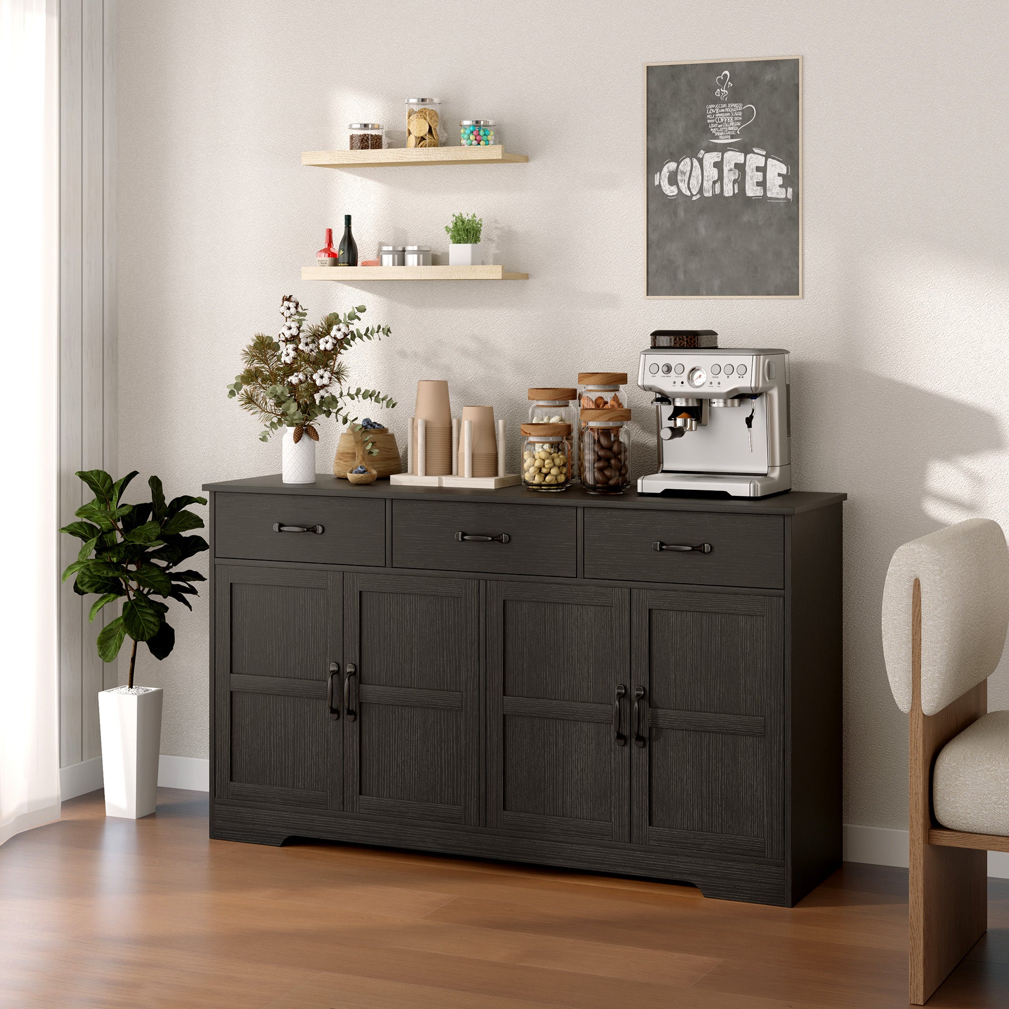 HOMCOM Sideboard Buffet Cabinet with Storage, Modern Coffee Bar Cabinet with 3 Drawers and Adjustable Shelves, Distressed Black