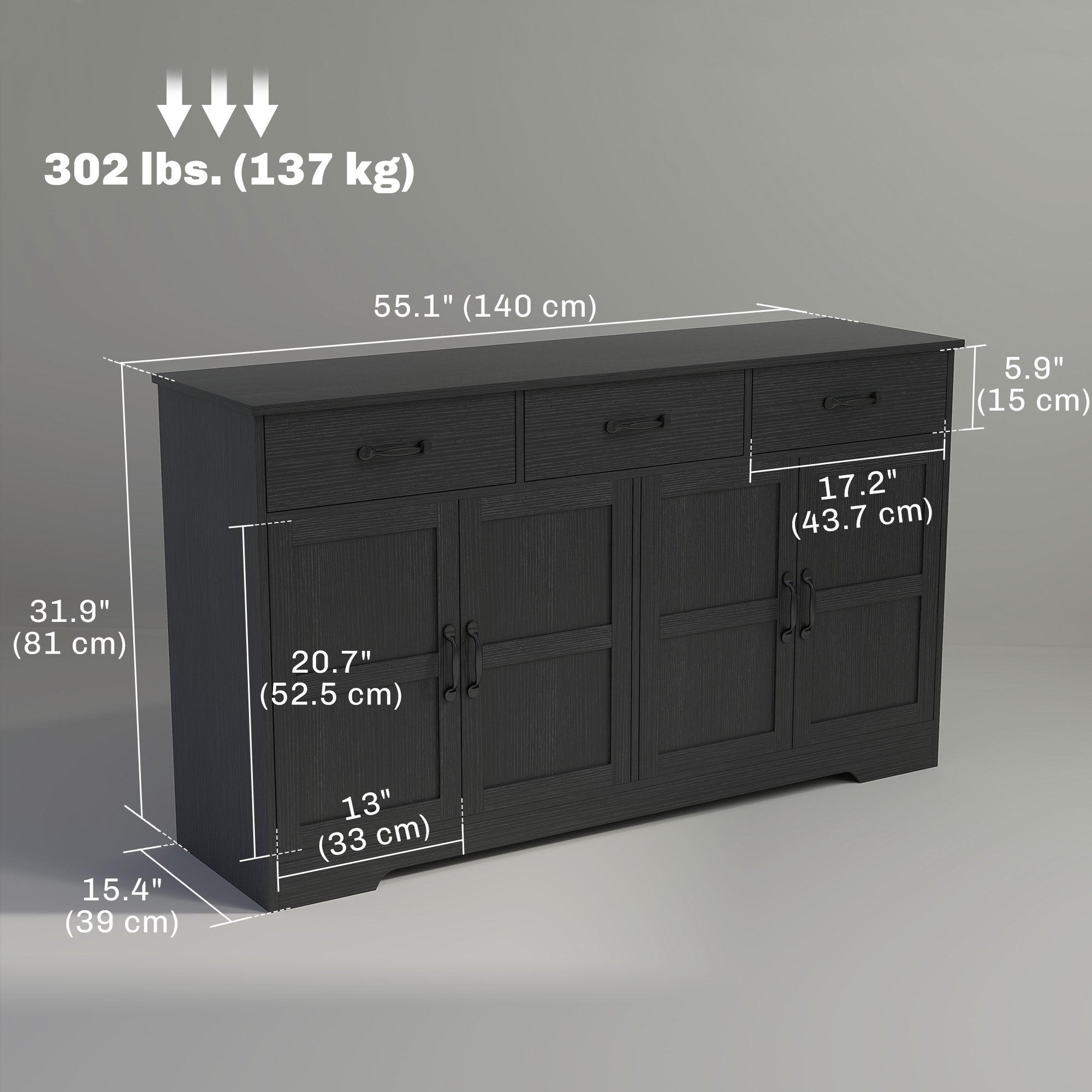 HOMCOM Sideboard Buffet Cabinet with Storage, Modern Coffee Bar Cabinet with 3 Drawers and Adjustable Shelves, Distressed Black