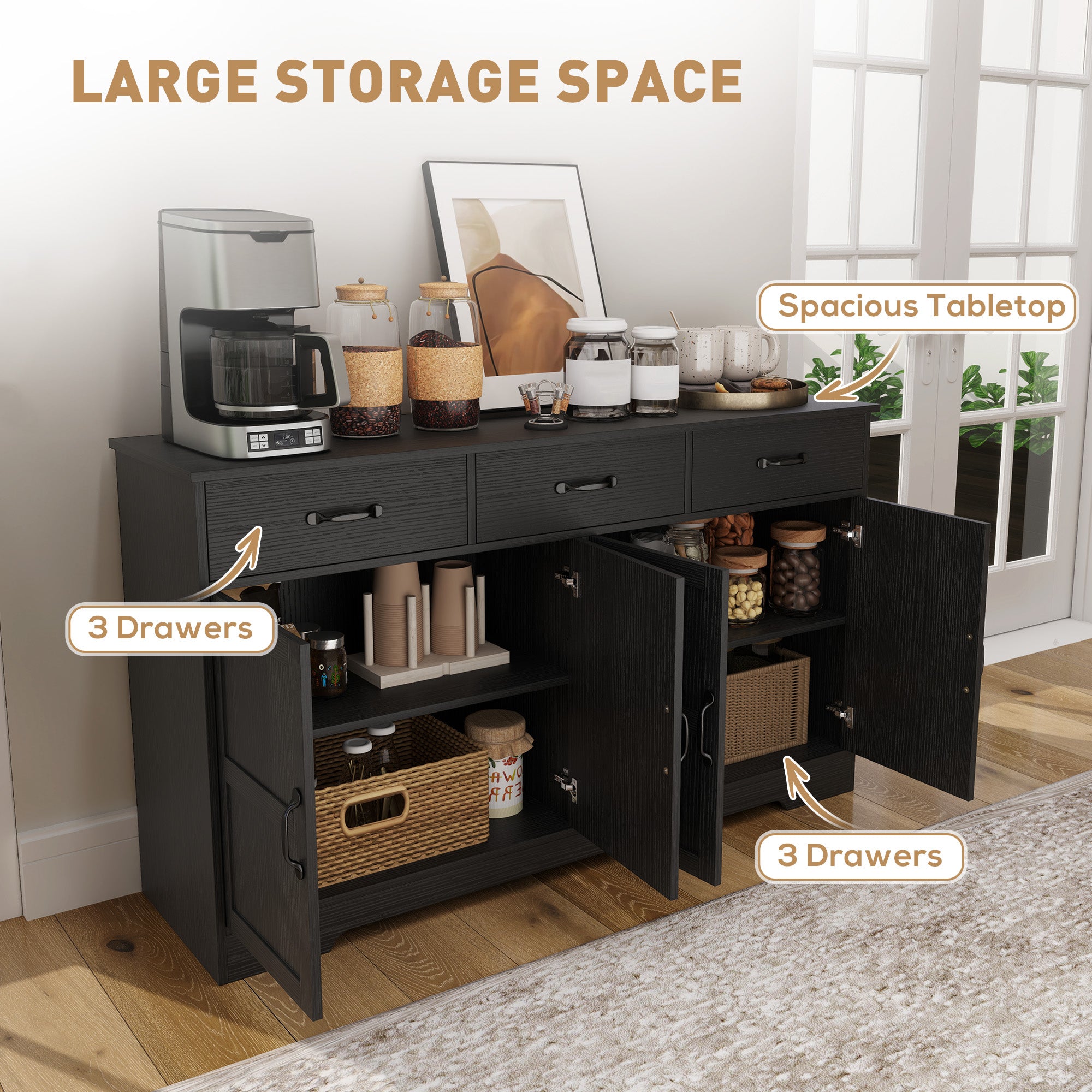 HOMCOM Sideboard Buffet Cabinet with Storage, Modern Coffee Bar Cabinet with 3 Drawers and Adjustable Shelves, Distressed Black