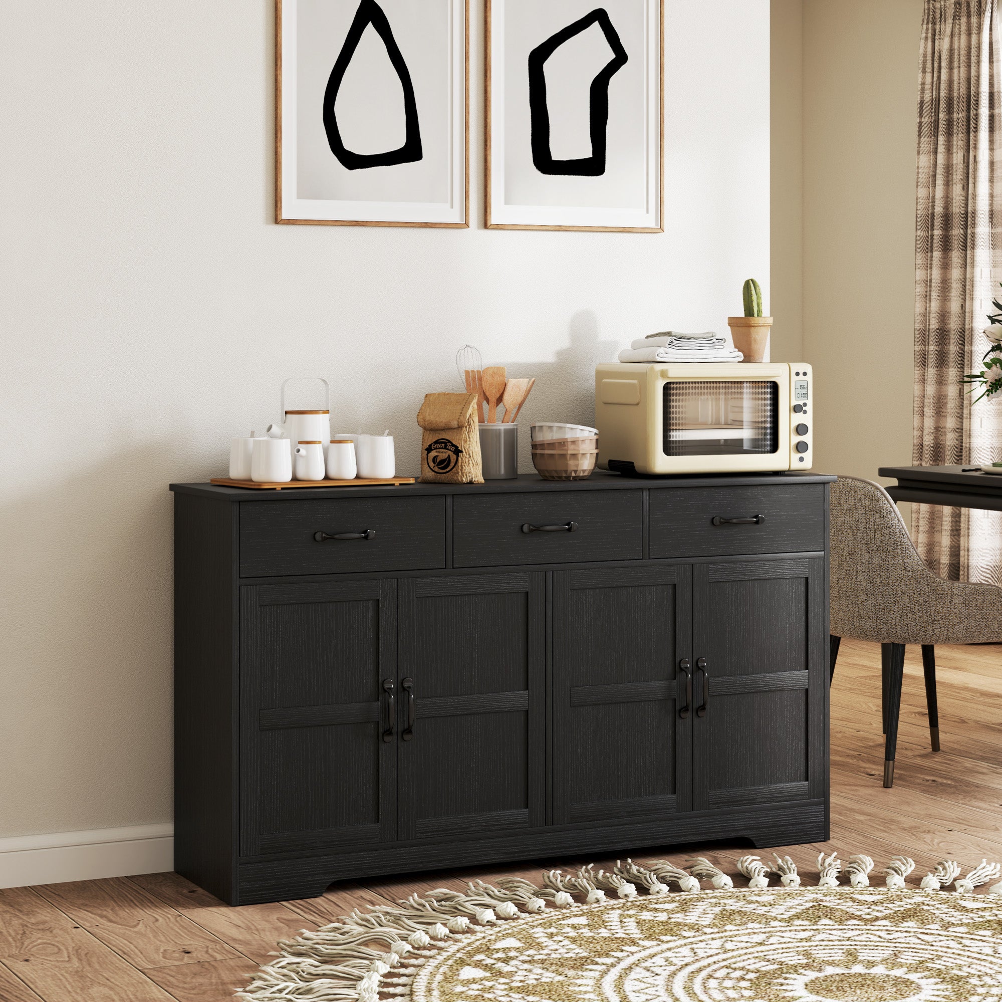 HOMCOM Sideboard Buffet Cabinet with Storage, Modern Coffee Bar Cabinet with 3 Drawers and Adjustable Shelves, Distressed Black