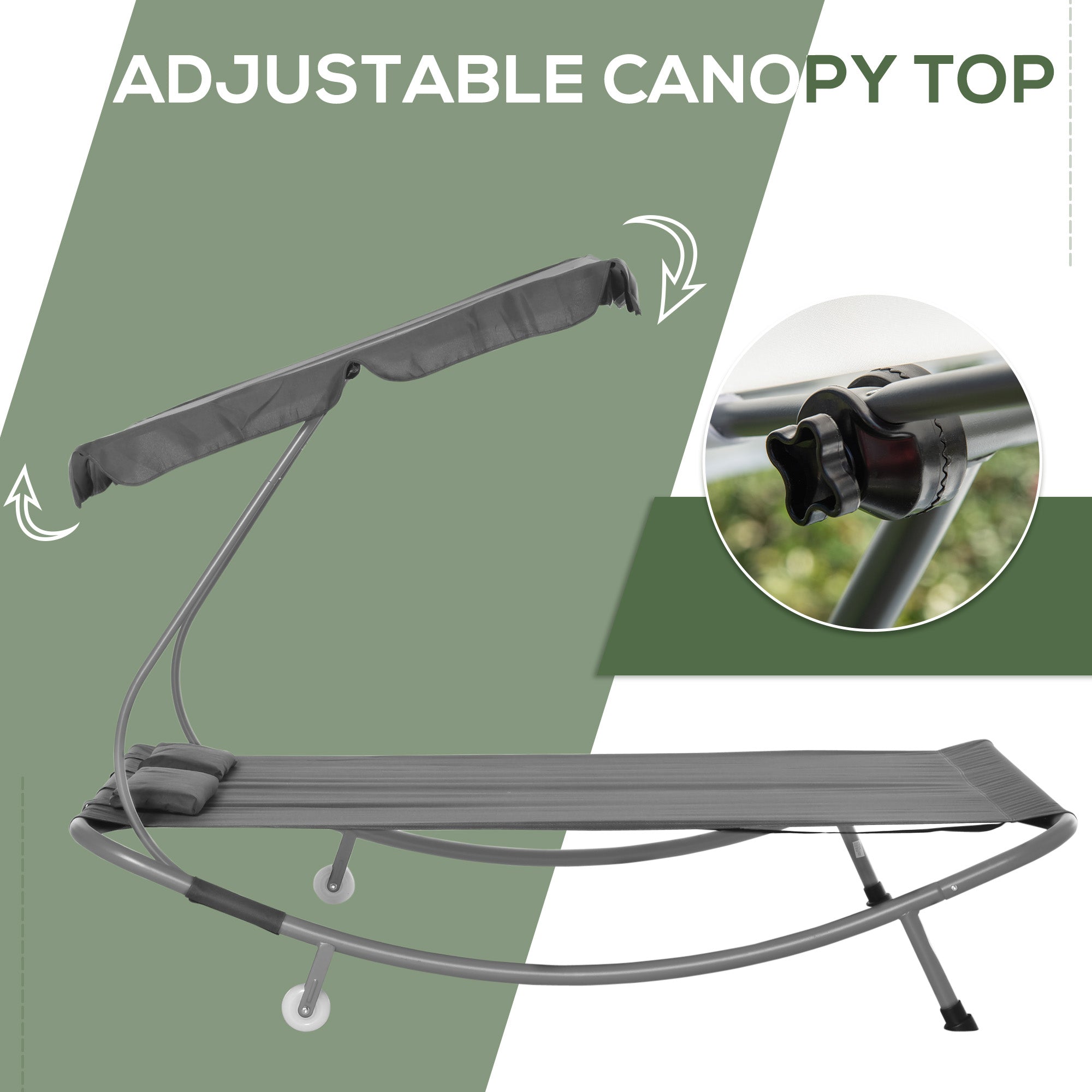Outsunny Double Patio Lounger with Adjustable Canopy, Outdoor Daybed Hammock Lounger with Headrest Pillows, Two Moving Wheels for Poolside, Garden, Grey