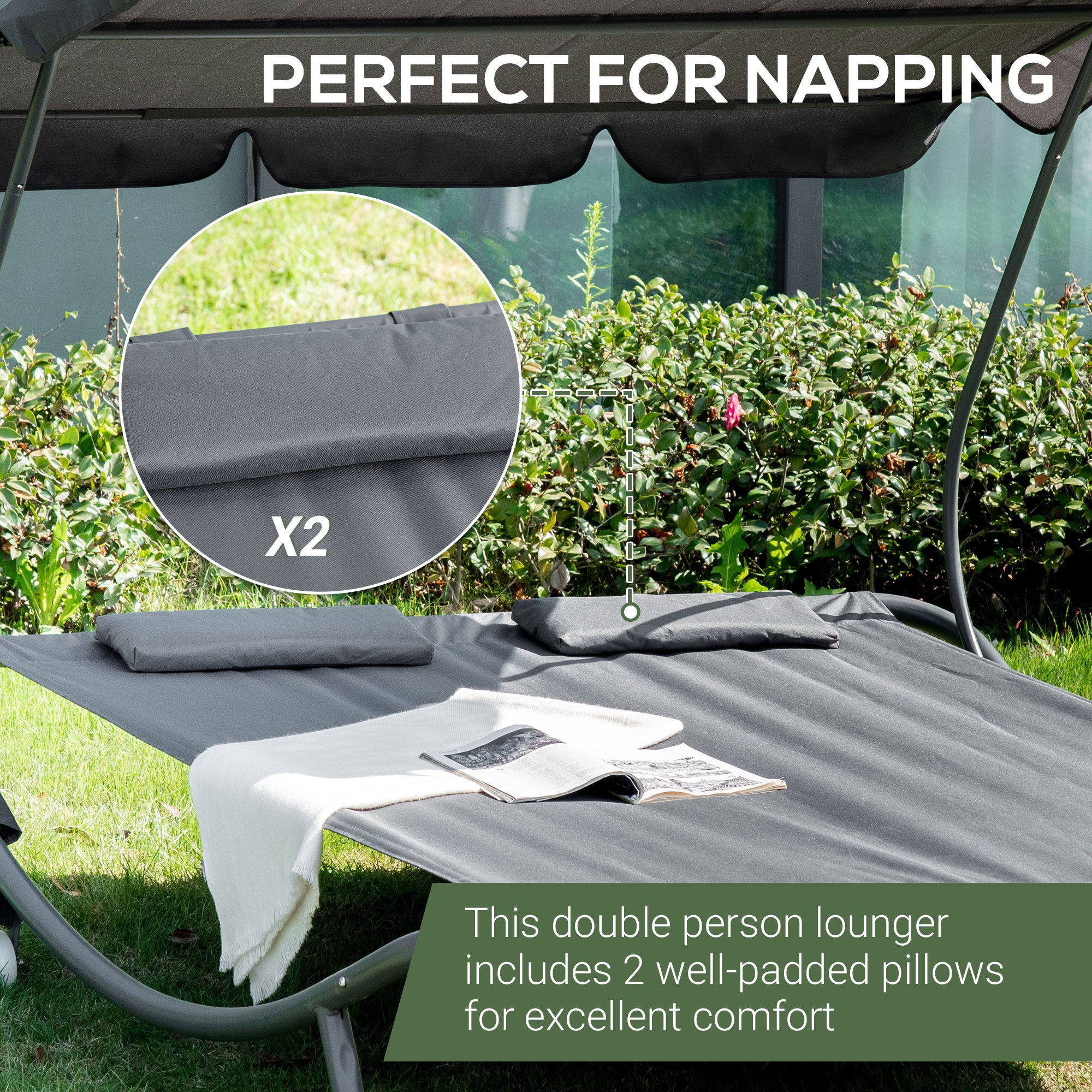 Outsunny Double Patio Lounger with Adjustable Canopy, Outdoor Daybed Hammock Lounger with Headrest Pillows, Two Moving Wheels for Poolside, Garden, Grey