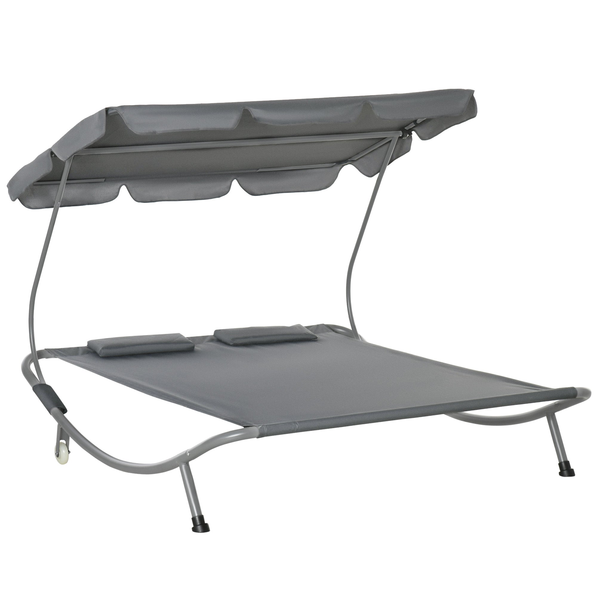Outsunny Double Patio Lounger with Adjustable Canopy, Outdoor Daybed Hammock Lounger with Headrest Pillows, Two Moving Wheels for Poolside, Garden, Grey