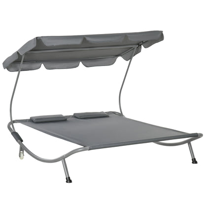 Outsunny Double Patio Lounger with Adjustable Canopy, Outdoor Daybed Hammock Lounger with Headrest Pillows, Two Moving Wheels for Poolside, Garden, Grey