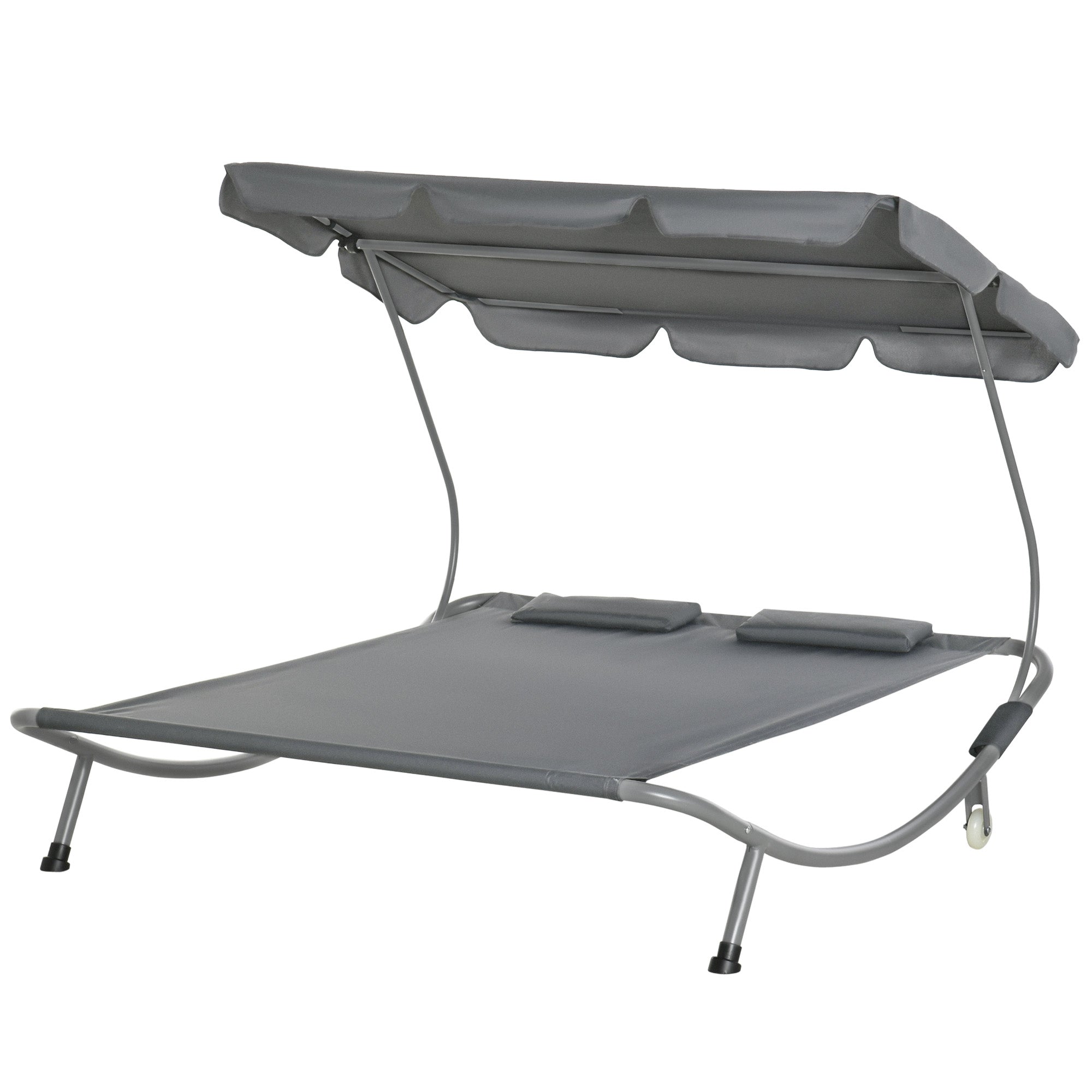 Outsunny Double Patio Lounger with Adjustable Canopy, Outdoor Daybed Hammock Lounger with Headrest Pillows, Two Moving Wheels for Poolside, Garden, Grey