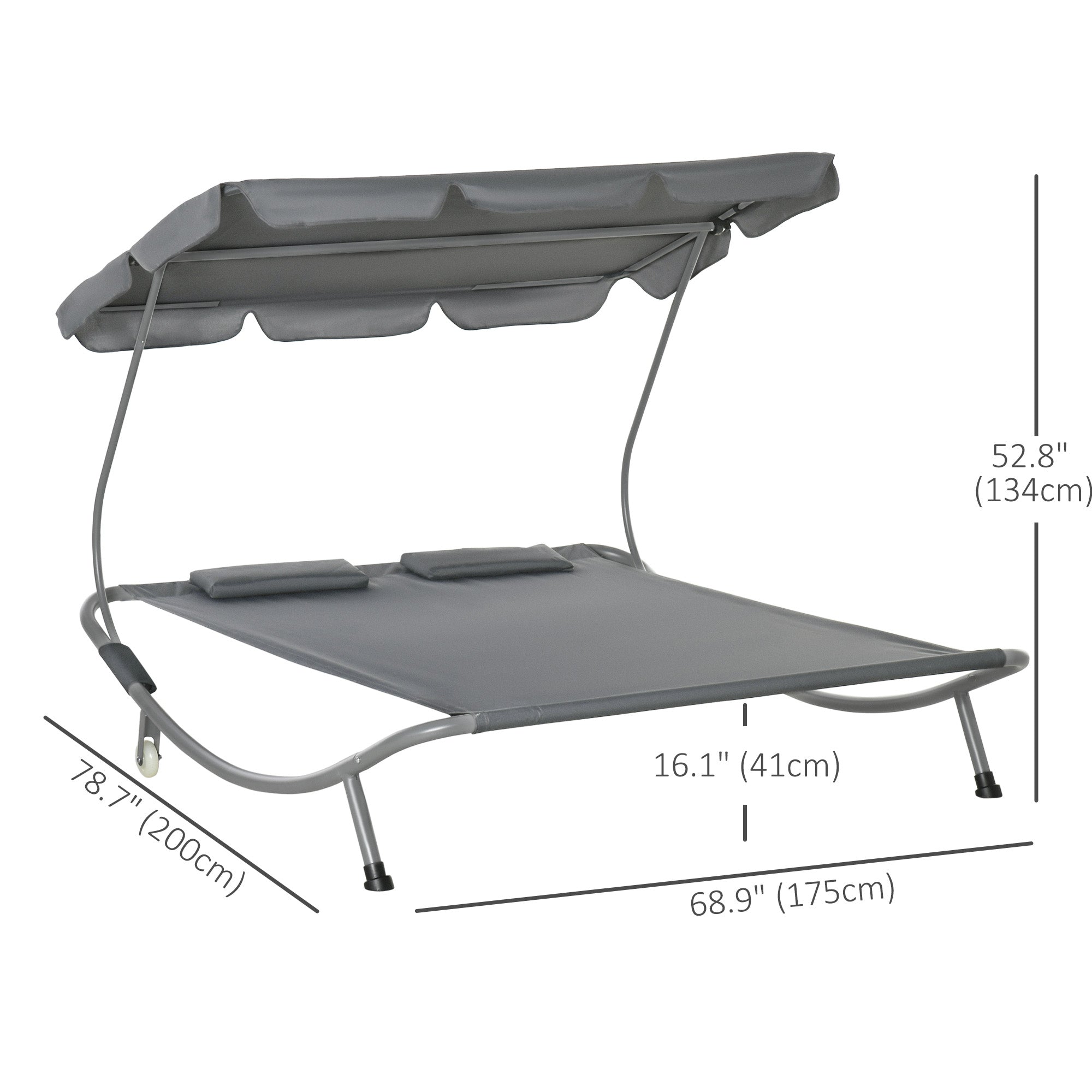 Outsunny Double Patio Lounger with Adjustable Canopy, Outdoor Daybed Hammock Lounger with Headrest Pillows, Two Moving Wheels for Poolside, Garden, Grey