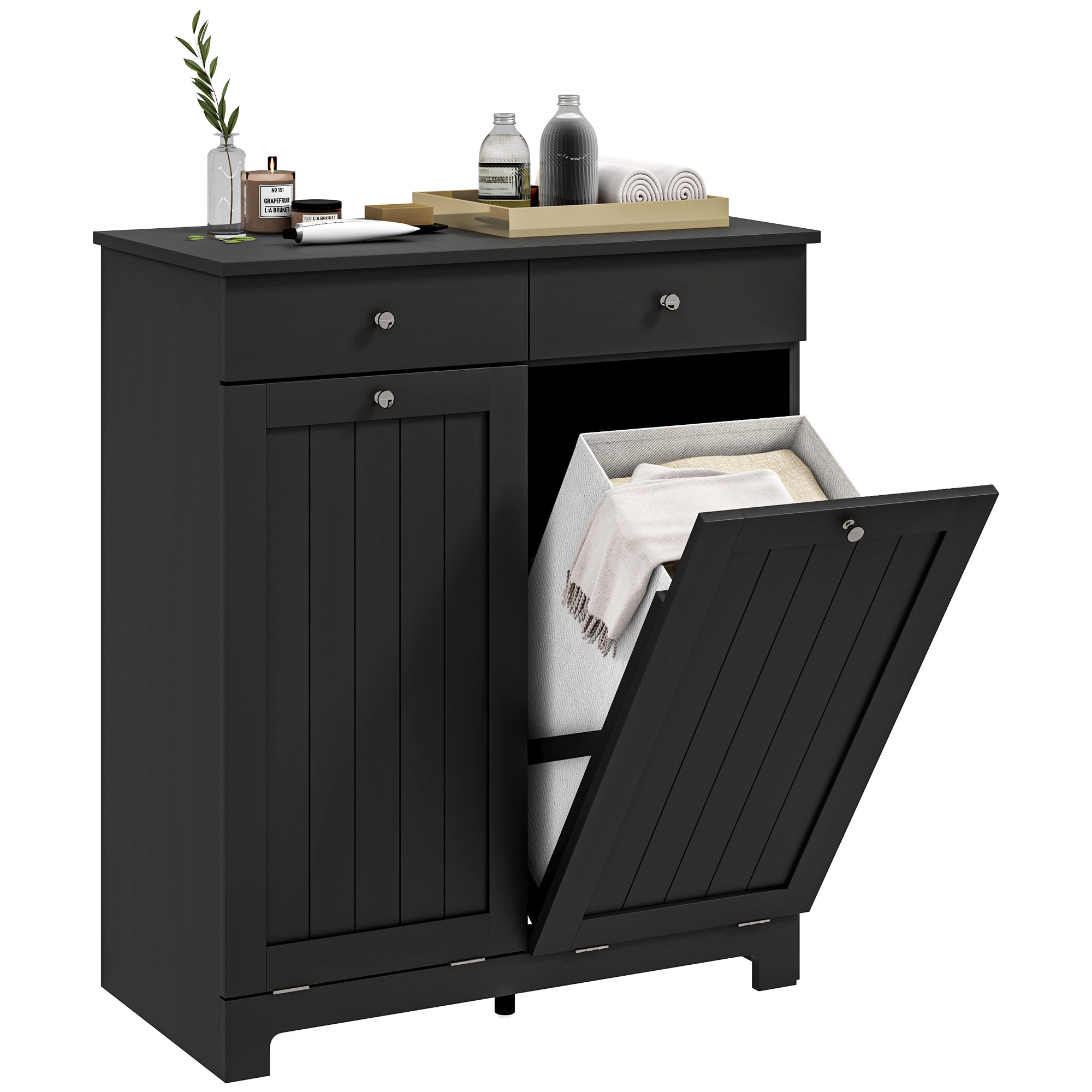 HOMCOM Laundry Cabinet, Tilt Out Double Laundry Hamper with 2 Removable Baskets and 2 Drawers, Bathroom Hamper Cabinet with 2 Beadboard Doors, Black