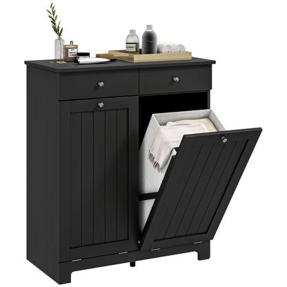 HOMCOM Laundry Cabinet, Tilt Out Double Laundry Hamper with 2 Removable Baskets and 2 Drawers, Bathroom Hamper Cabinet with 2 Beadboard Doors, Black