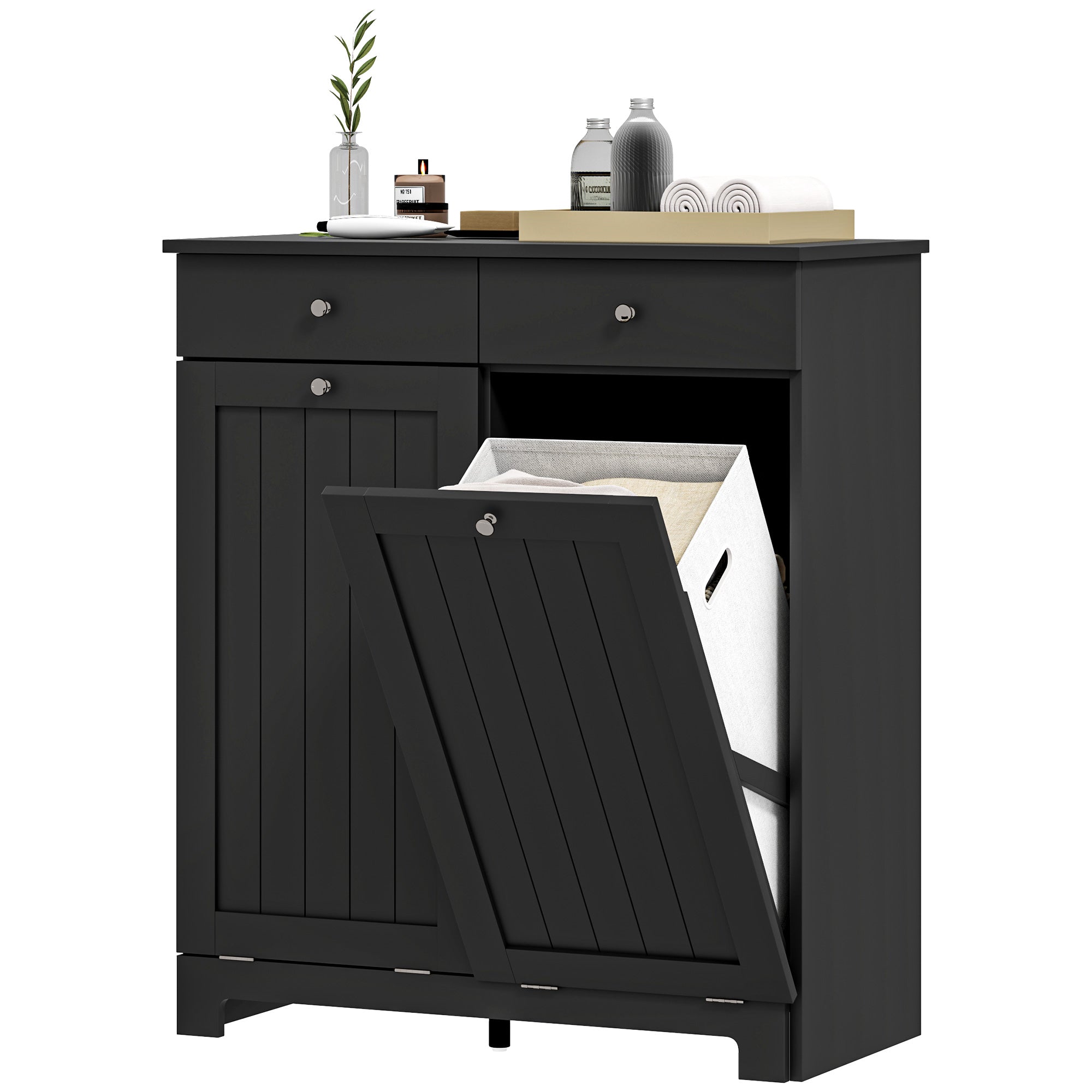 HOMCOM Laundry Cabinet, Tilt Out Double Laundry Hamper with 2 Removable Baskets and 2 Drawers, Bathroom Hamper Cabinet with 2 Beadboard Doors, Black
