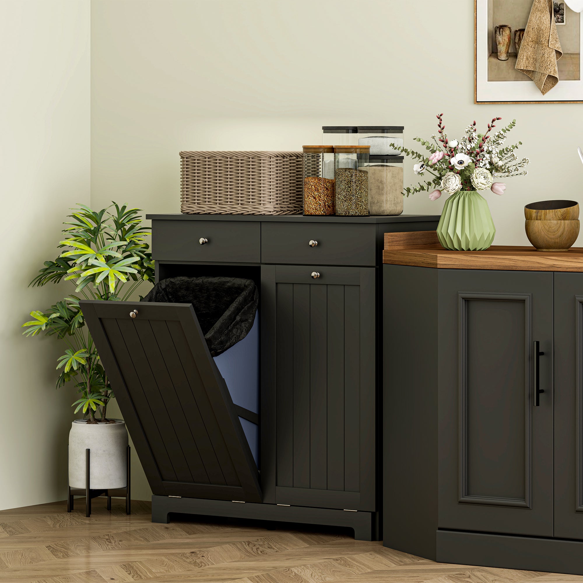 HOMCOM Laundry Cabinet, Tilt Out Double Laundry Hamper with 2 Removable Baskets and 2 Drawers, Bathroom Hamper Cabinet with 2 Beadboard Doors, Black
