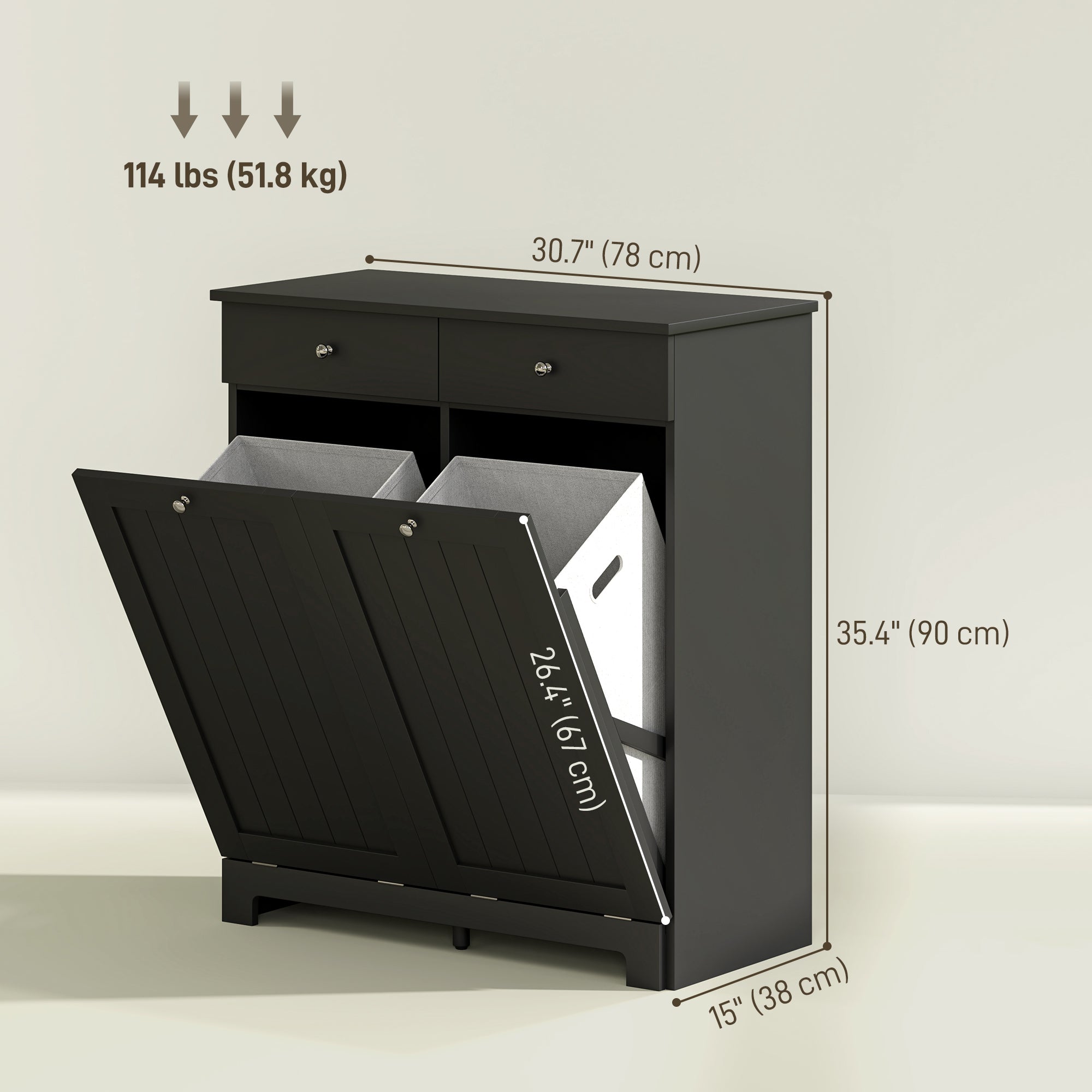 HOMCOM Laundry Cabinet, Tilt Out Double Laundry Hamper with 2 Removable Baskets and 2 Drawers, Bathroom Hamper Cabinet with 2 Beadboard Doors, Black