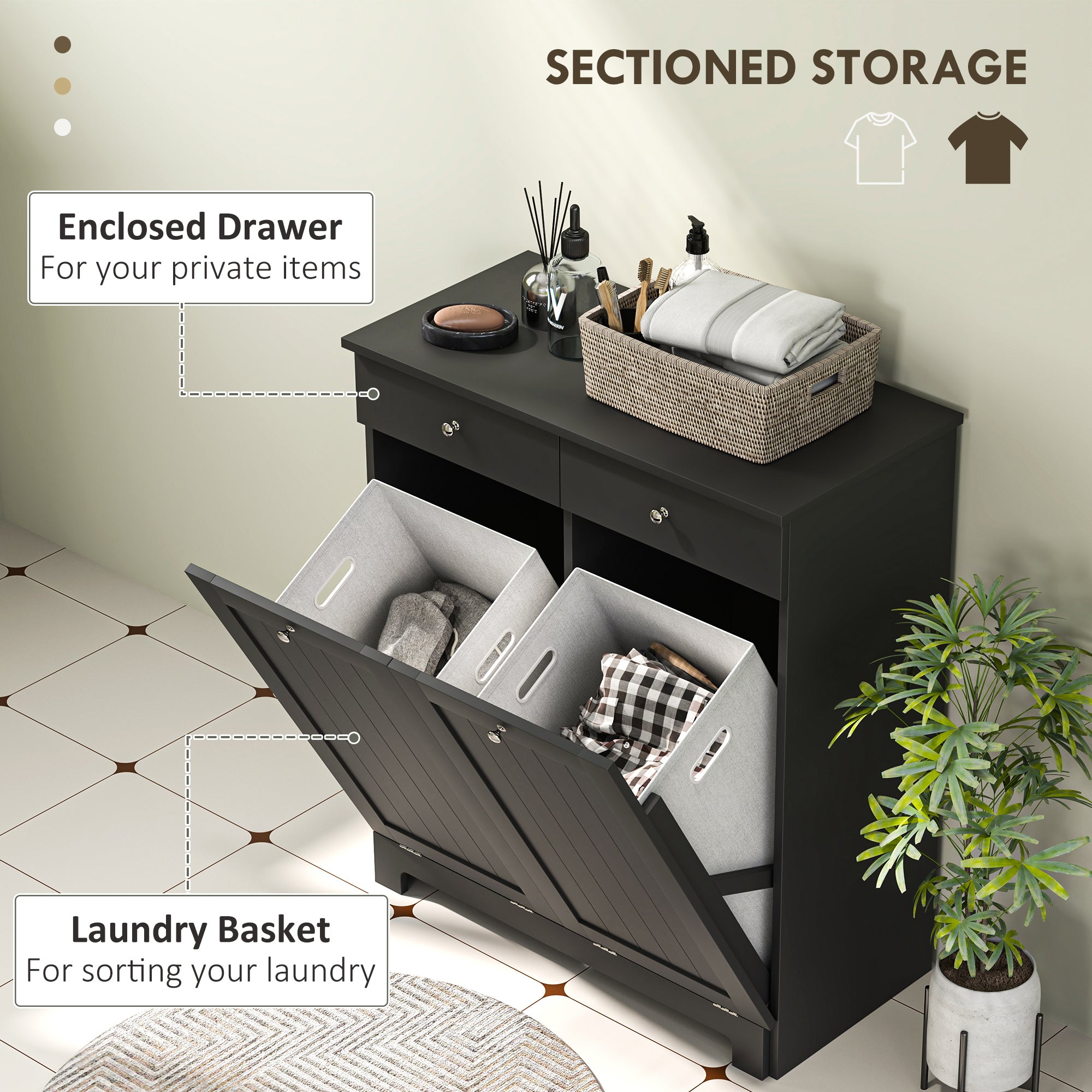 HOMCOM Laundry Cabinet, Tilt Out Double Laundry Hamper with 2 Removable Baskets and 2 Drawers, Bathroom Hamper Cabinet with 2 Beadboard Doors, Black