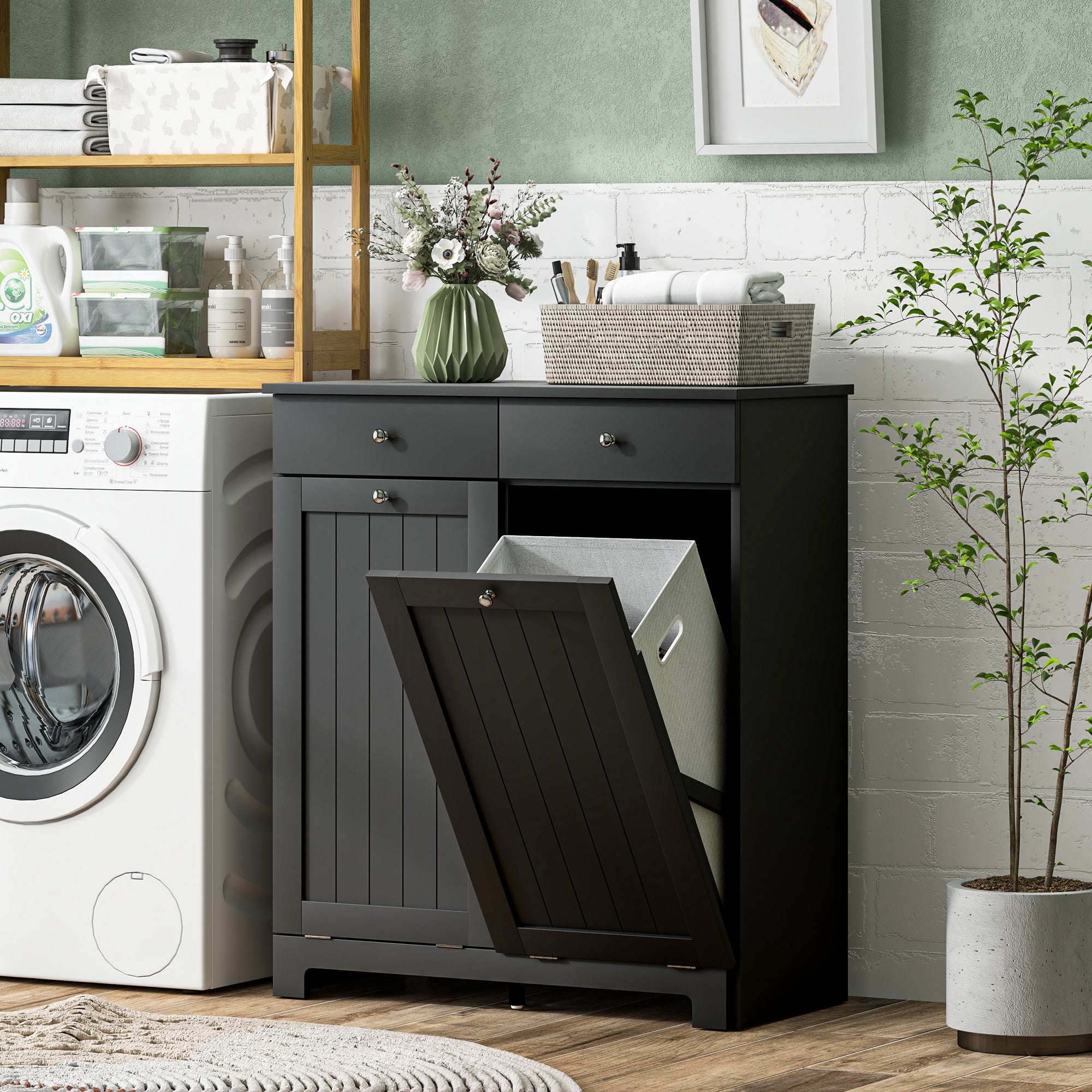 HOMCOM Laundry Cabinet, Tilt Out Double Laundry Hamper with 2 Removable Baskets and 2 Drawers, Bathroom Hamper Cabinet with 2 Beadboard Doors, Black