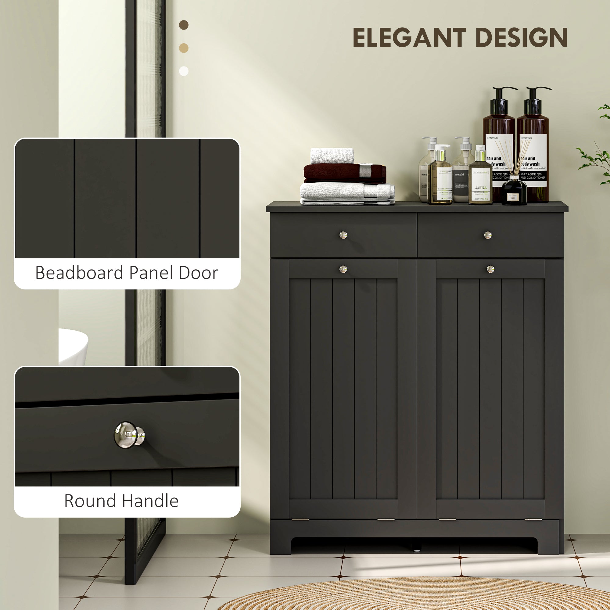 HOMCOM Laundry Cabinet, Tilt Out Double Laundry Hamper with 2 Removable Baskets and 2 Drawers, Bathroom Hamper Cabinet with 2 Beadboard Doors, Black