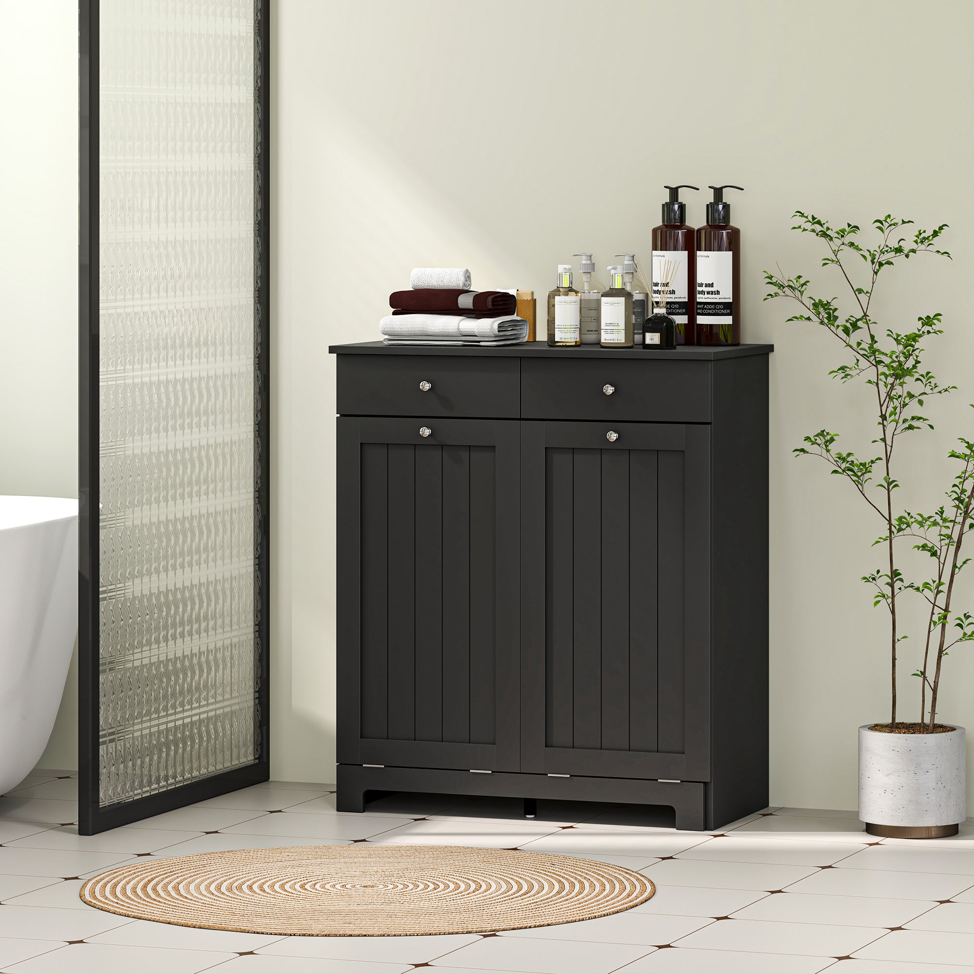 HOMCOM Laundry Cabinet, Tilt Out Double Laundry Hamper with 2 Removable Baskets and 2 Drawers, Bathroom Hamper Cabinet with 2 Beadboard Doors, Black
