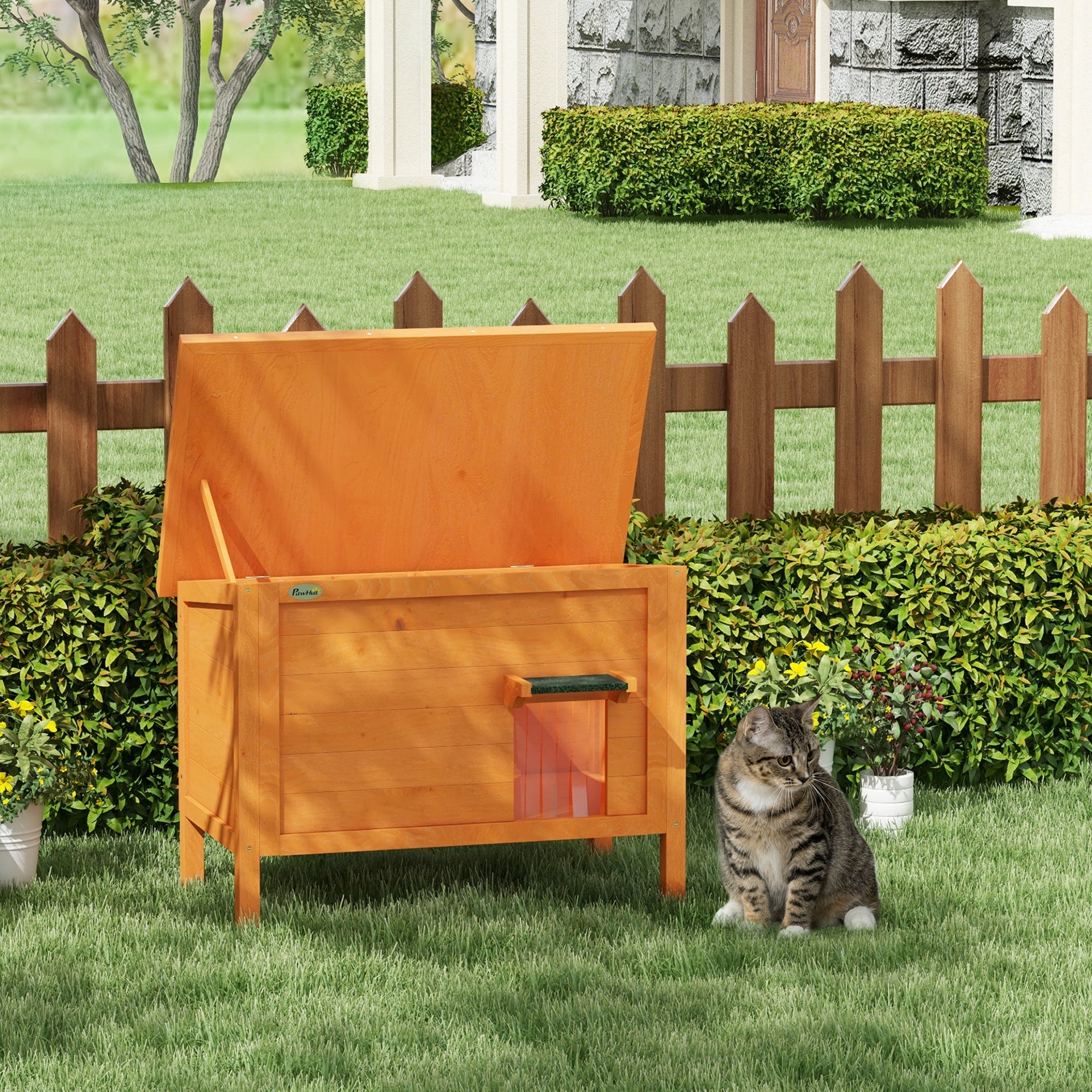 PawHut Outdoor Cat House, Wooden Insulated Cat Shelter with Asphalt Roof, Removable Floor, Foam, for Cats, Small Animals, Orange