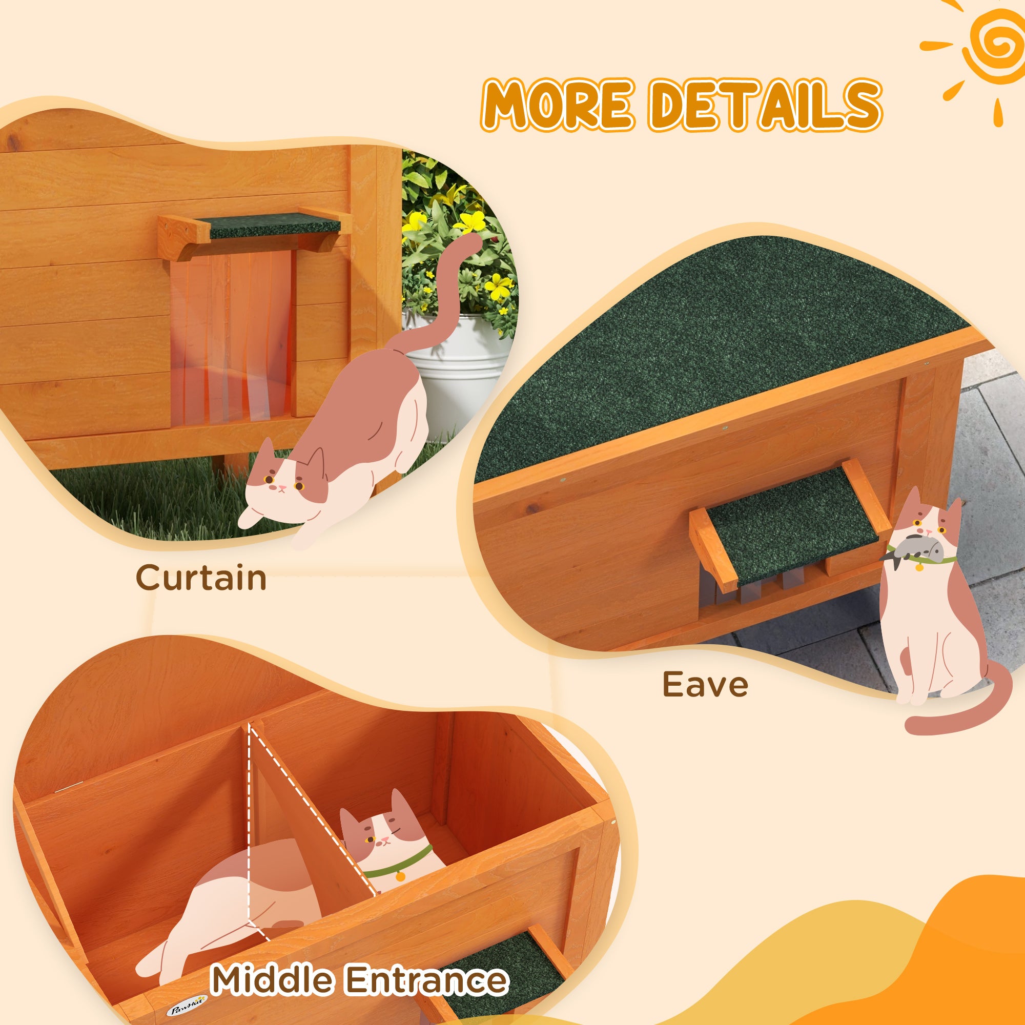 PawHut Outdoor Cat House, Wooden Insulated Cat Shelter with Asphalt Roof, Removable Floor, Foam, for Cats, Small Animals, Orange