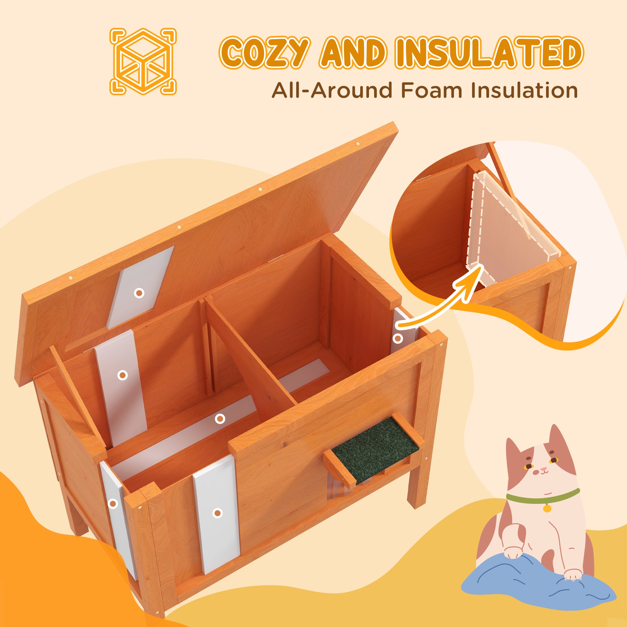PawHut Outdoor Cat House, Wooden Insulated Cat Shelter with Asphalt Roof, Removable Floor, Foam, for Cats, Small Animals, Orange