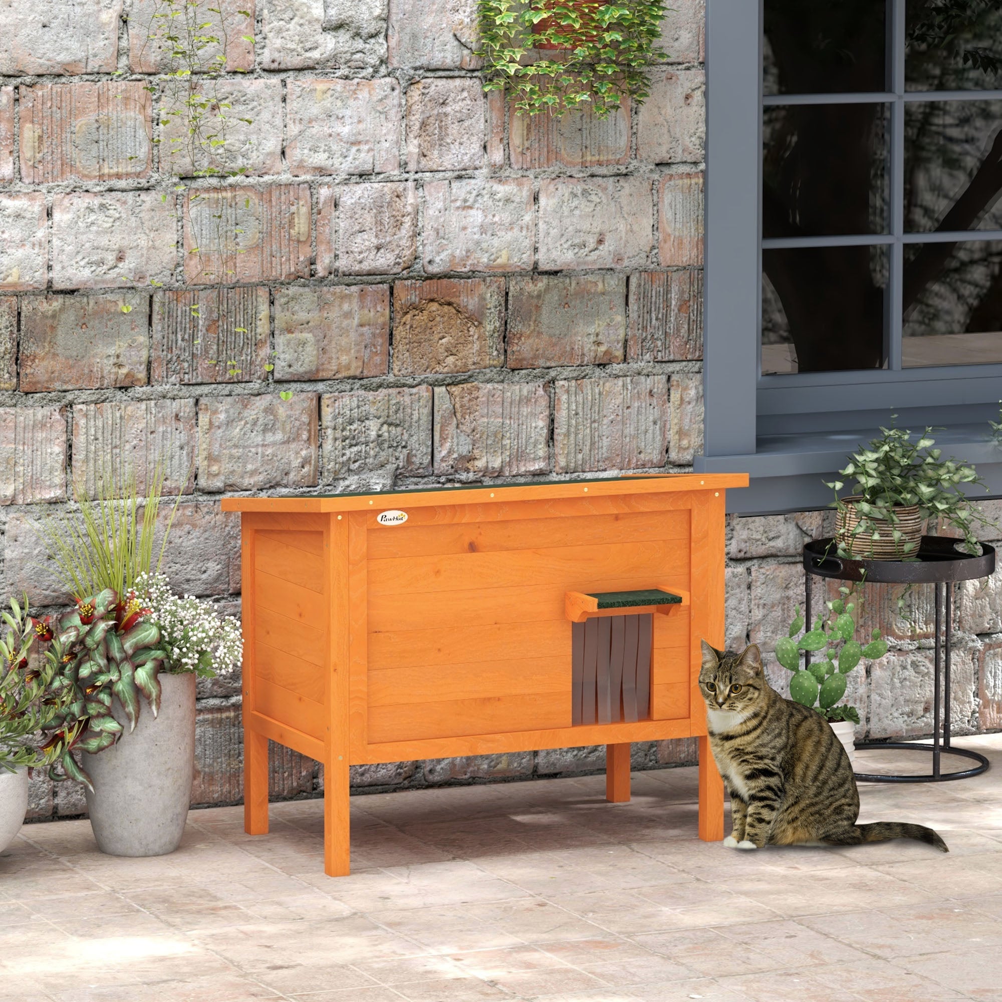 PawHut Outdoor Cat House, Wooden Insulated Cat Shelter with Asphalt Roof, Removable Floor, Foam, for Cats, Small Animals, Orange