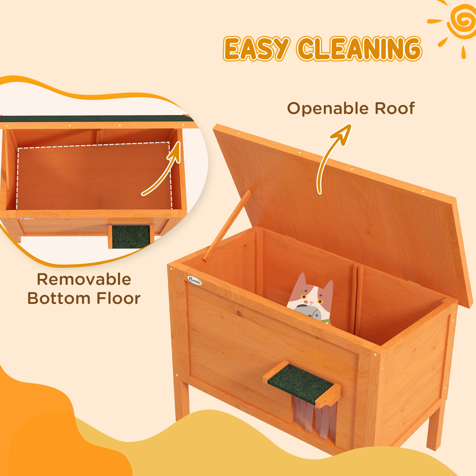 PawHut Outdoor Cat House, Wooden Insulated Cat Shelter with Asphalt Roof, Removable Floor, Foam, for Cats, Small Animals, Orange