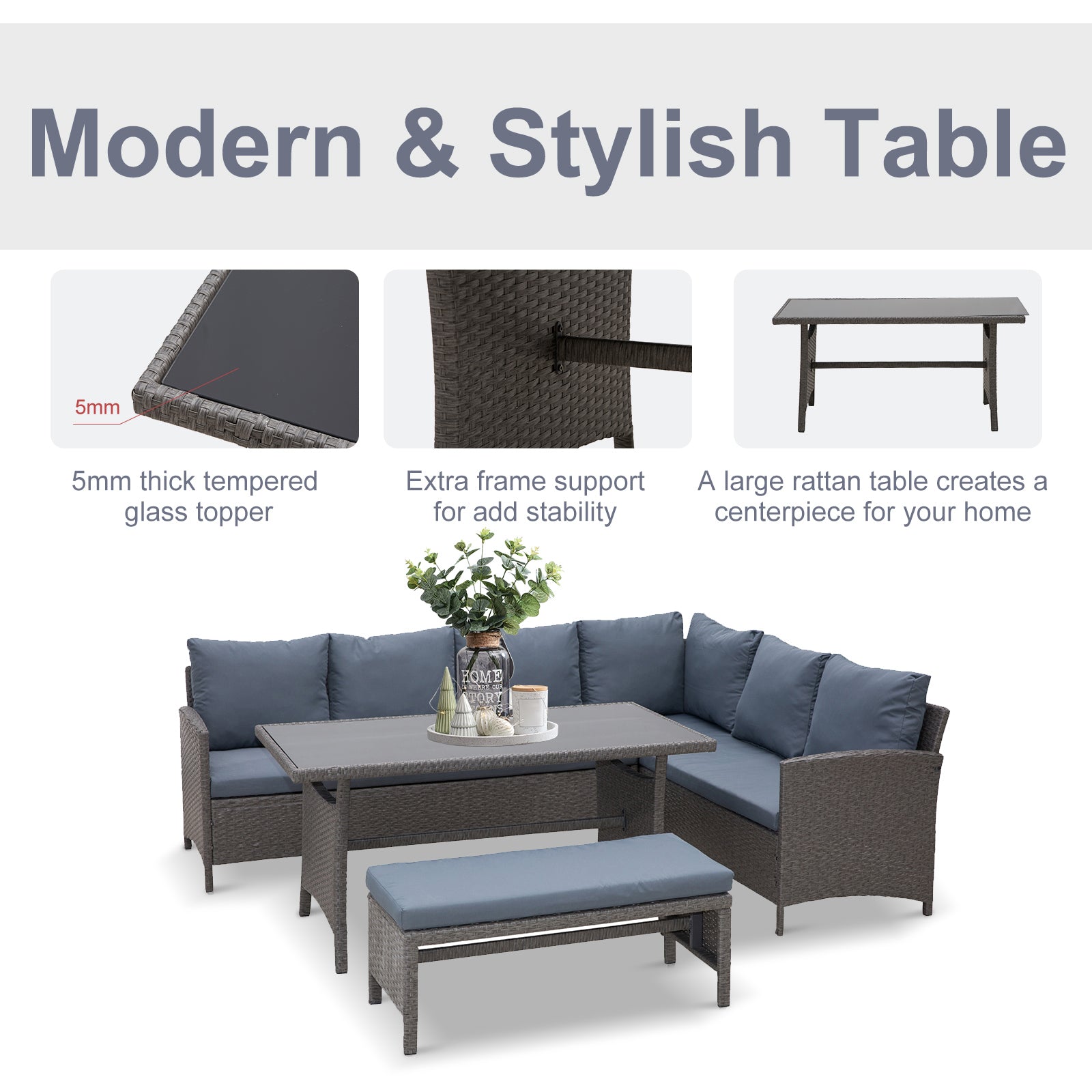 Outsunny 4 Pieces Patio Furniture Set, Outdoor Dinning Set Rattan Wicker Furniture With L shaped Long Sofa, Dining Table and  Bench for Backyard Garden Poolside Balcony- Grey